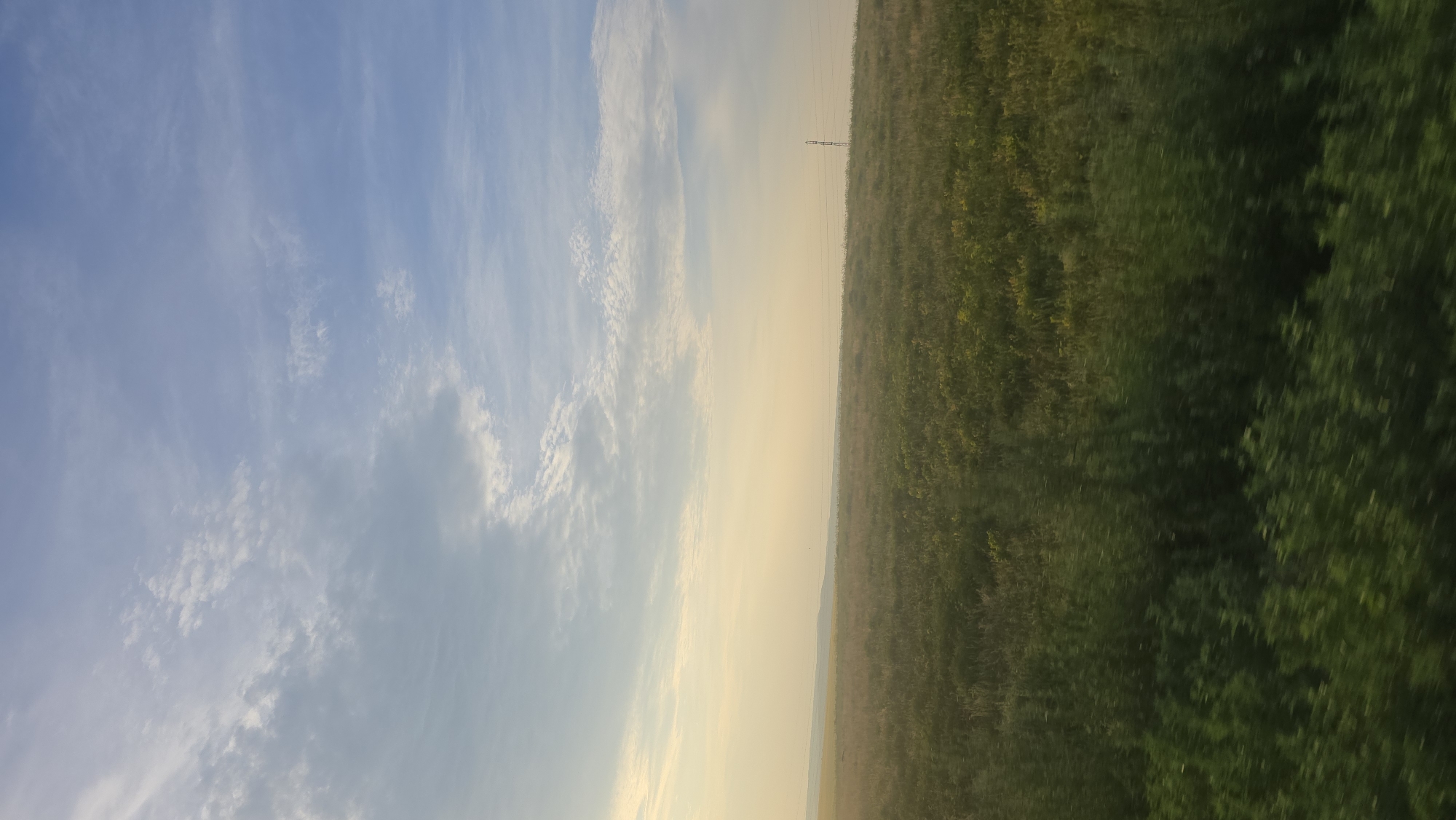The image depicts a vast, open landscape with a distinct division between the sky and the ground. On the left side, a bright blue sky is filled with wispy white clouds, suggesting a clear or partly cloudy day. The light in the sky transitions to a warm, soft yellow or pale orange towards the horizon, indicating either sunrise or sunset.
The right side of the image shows a dense field of green vegetation, possibly a meadow or grassland, with some patches of yellow flowers. The vegetation appears lush and healthy. In the distance, a single, slender power line pylon stands as a solitary man-made object against the natural backdrop. The horizon line is clearly defined, with a faint hazy layer of atmosphere visible above the distant land.
The perspective suggests the photo was taken from a low vantage point, possibly while moving, giving a slight blur to the edges of the frame. The overall mood is serene and expansive, evoking a sense of nature's grandeur and tranquility. Given the location context of Berezovka, Kazakhstan, the scene likely represents a rural or steppe environment. The time of day is likely early morning or late evening due to the warm light. No text is visible in the image.