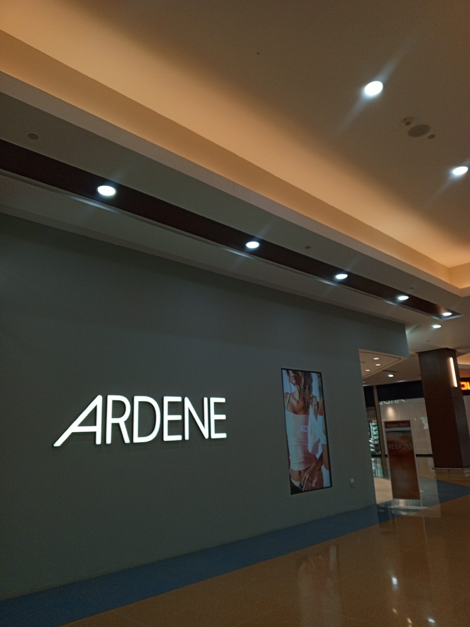 The image shows the front of an Ardene store, likely located within a shopping mall. The store's illuminated white logo is prominently displayed on a gray wall. A vertical poster with a photograph of a woman in lingerie is visible next to the store entrance. The mall's interior features overhead lighting, a brown accent strip along the top of the walls, and reflective flooring. The location is suspected to be in Porlamar, Venezuela. No people are visible in the immediate view.