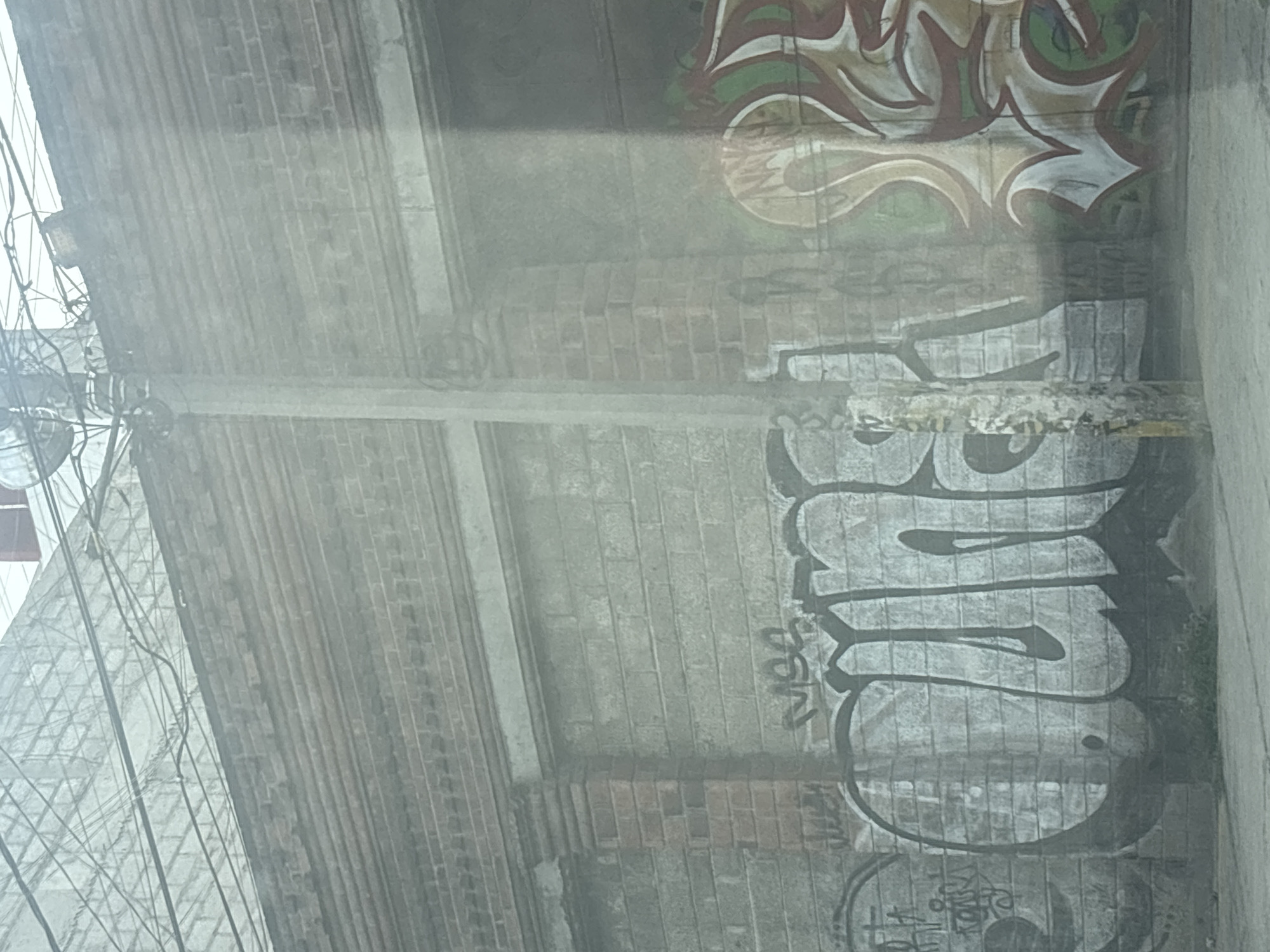 A low-angle, blurry shot of an outdoor scene in what appears to be Buenavista, Mexico. A brick underpass is covered in graffiti, featuring tags and larger art pieces. Power lines crisscross the top left of the frame.