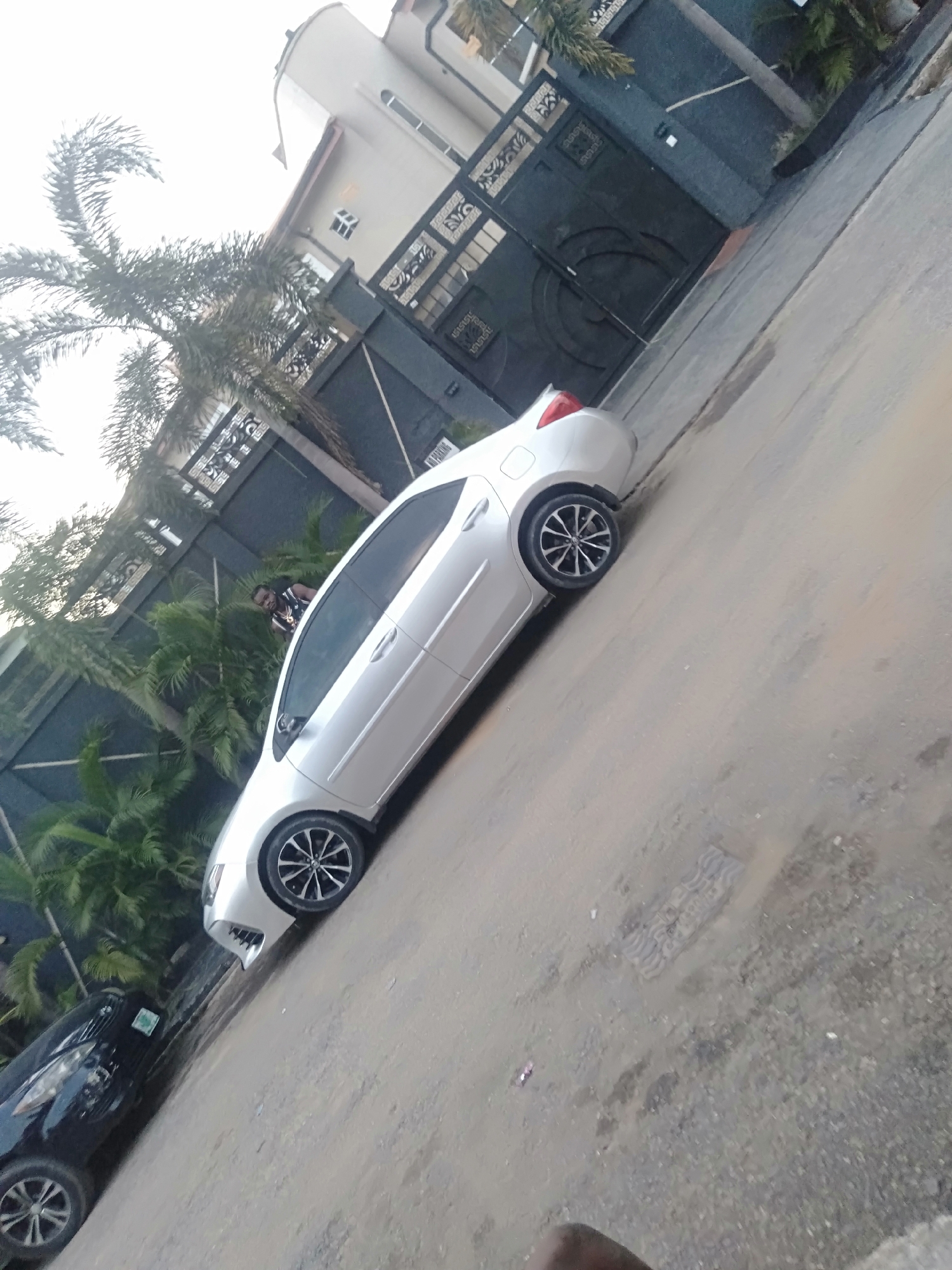 The image shows a silver car parked on a street in front of a building with a black gate. Palm trees are visible, along with another dark-colored car parked on the left side of the frame. A person can be seen standing near the silver car. The location is Unknown, Unknown.