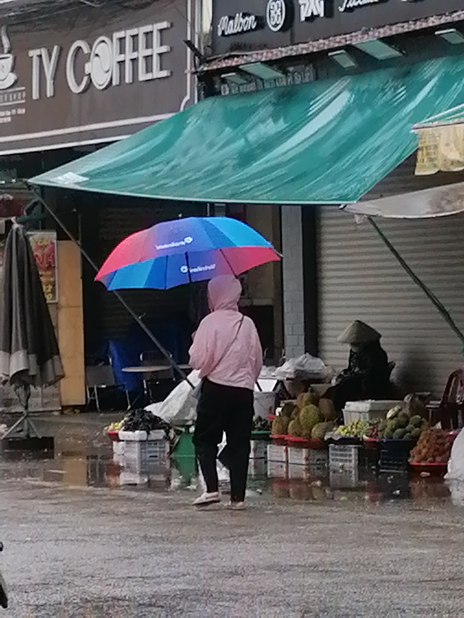 A person wearing a pink hooded jacket and black pants holds a red and blue umbrella over their head while standing in the rain on a wet street. The street is lined with market stalls displaying various fruits, including durians and rambutan. A vendor wearing a conical hat sits behind a stall. In the background, a sign reads "TY COFFEE". The scene appears to be in an urban market area in Da Lat, Vietnam.