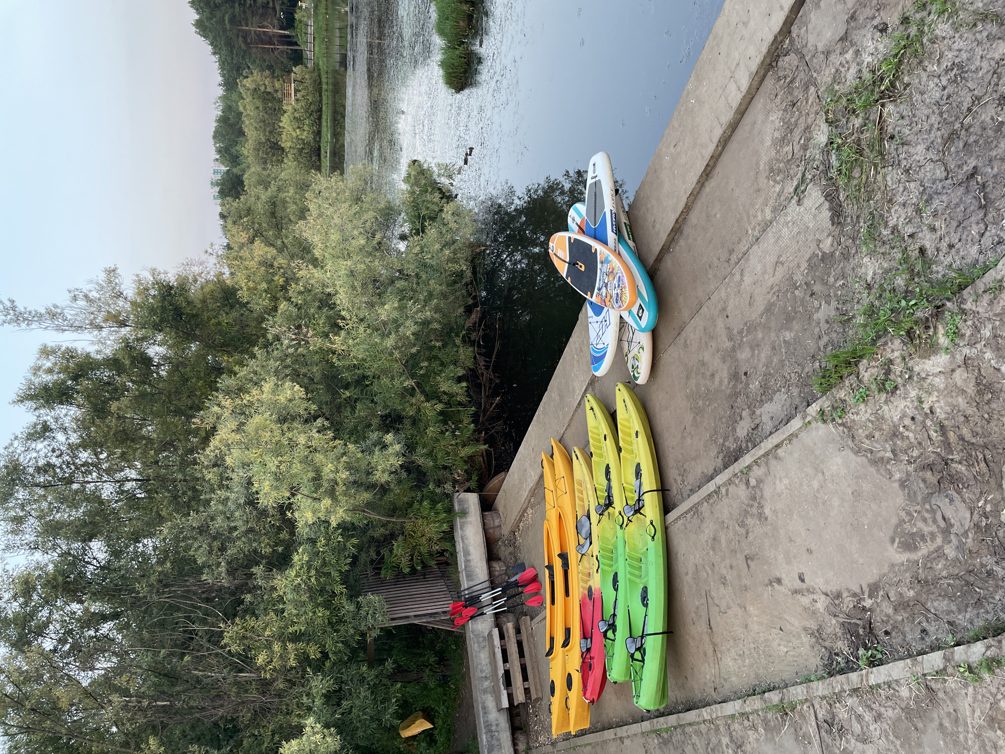 This is a full, eye-level, outdoor, daylight photograph of a concrete embankment next to a calm body of water, likely a lake or slow-moving river. On the embankment, there are several kayaks and paddleboards neatly arranged. Four kayaks are stacked in a row: two bright yellow kayaks at the top, followed by a red and yellow kayak, and then two bright green kayaks at the bottom. Above the kayaks, leaning against a wooden structure, are four red-bladed paddles. To the right of the kayaks, three paddleboards are stacked on top of each other, with one board having an orange and white design and another a blue and white design. In the water, a few ducks can be seen swimming. The background is filled with lush green trees and foliage, with a few buildings visible in the distance on the far horizon. The sky is a pale blue, suggesting it is either early morning or late afternoon. The location is identified as the city of Surgut, Russia, suggesting this scene is likely part of a recreational area or park. The overall impression is one of readiness for water activities.