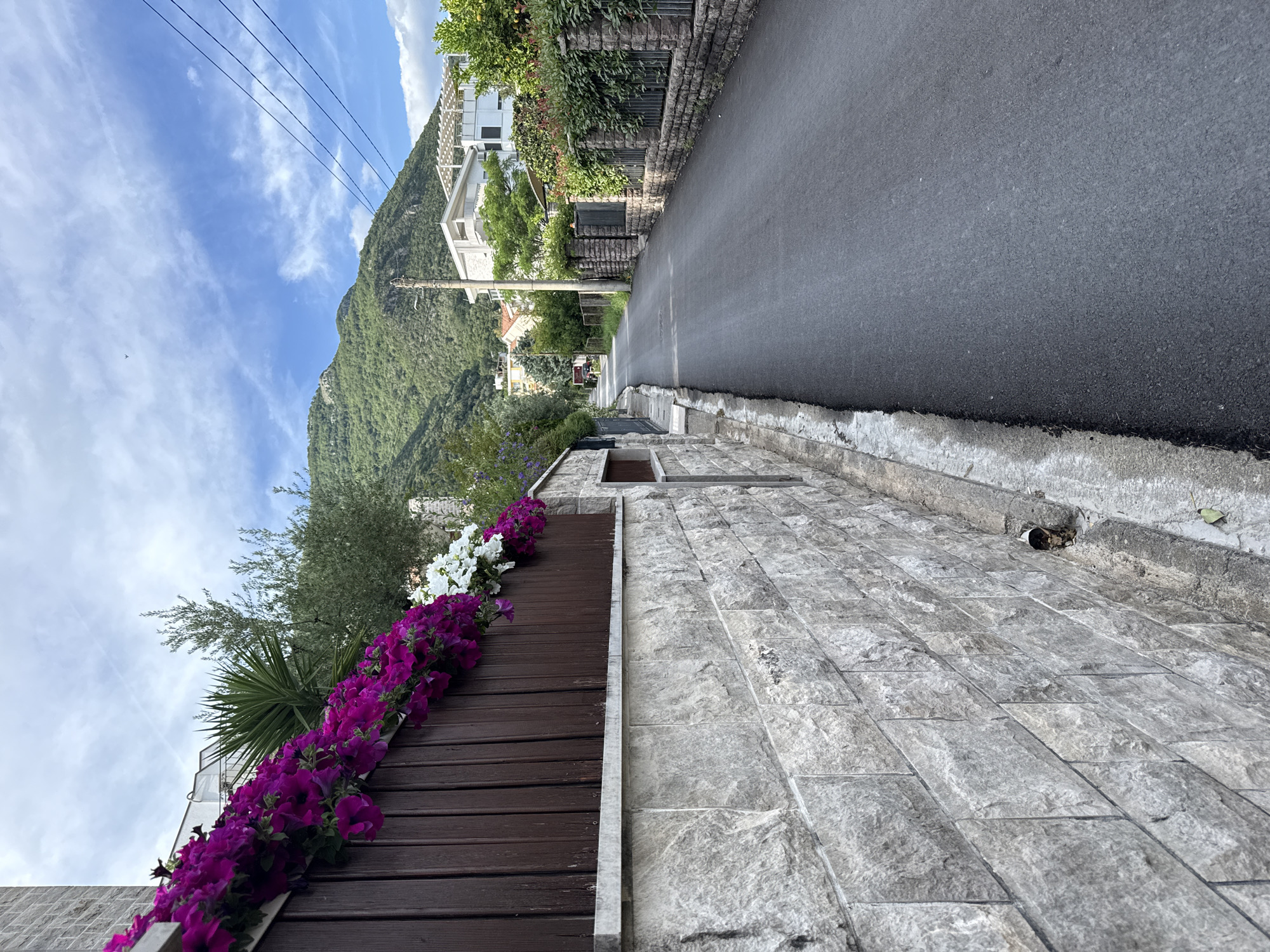 The image depicts a narrow asphalt road in Đenovići, Montenegro. On the left side, a stone wall with a wooden fence adorned with purple and white flowers runs along the road. A mountain with lush greenery is visible in the background. The sky is partly cloudy with power lines visible. On the right side of the road, there is a concrete curb with a weathered appearance. Buildings and vegetation are visible along the roadside.