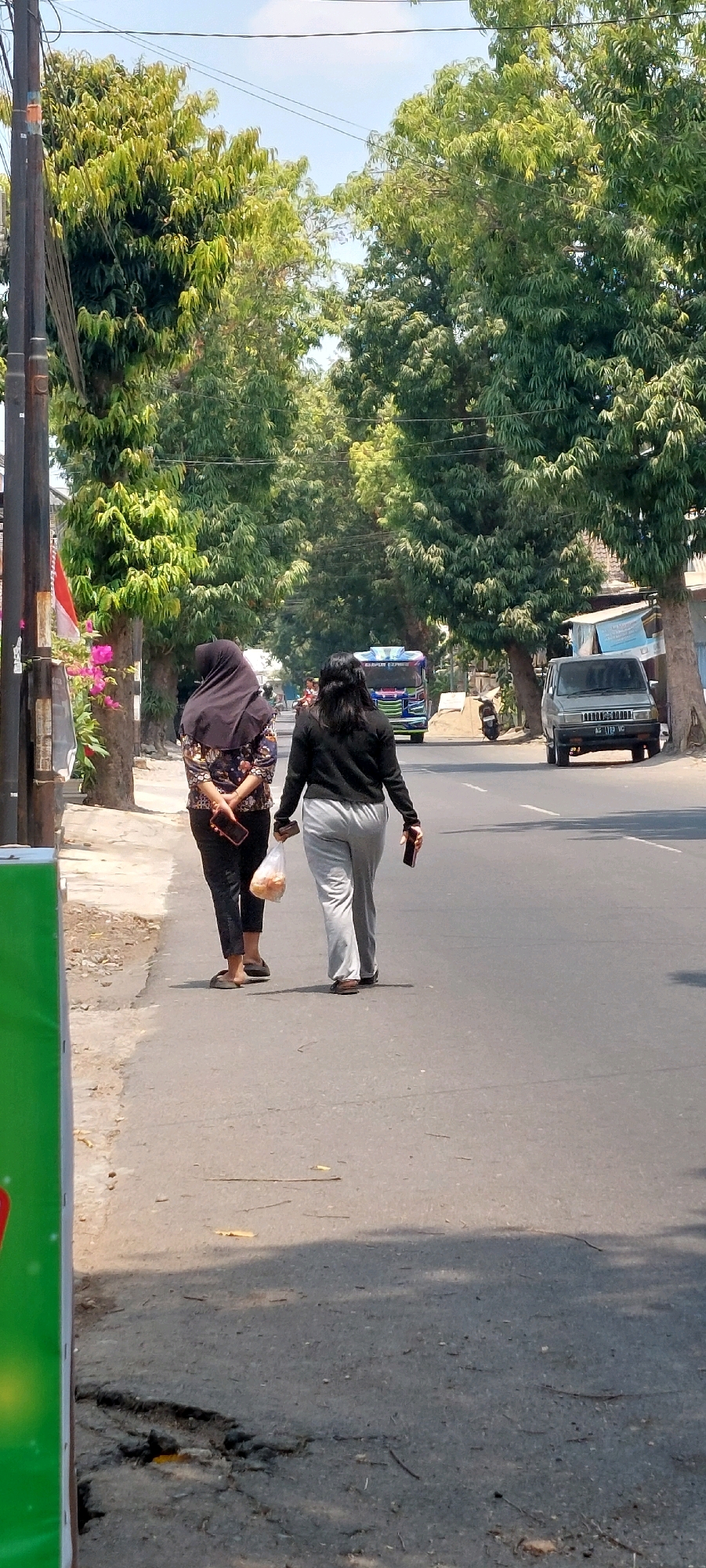 Two women are walking away from the camera on a paved sidewalk next to a street. The woman on the left wears a black headscarf, a patterned shirt, and dark pants, and she is holding a phone in her right hand. The woman on the right wears a black long-sleeved shirt and light gray pants, and she is carrying a plastic bag of food in her left hand and holding a phone in her right hand. The street is lined with mature trees that cast shadows. A silver minivan is parked on the right side of the street, and a bus is visible further down the road. The sky is clear and blue. The sidewalk shows some cracks and imperfections.