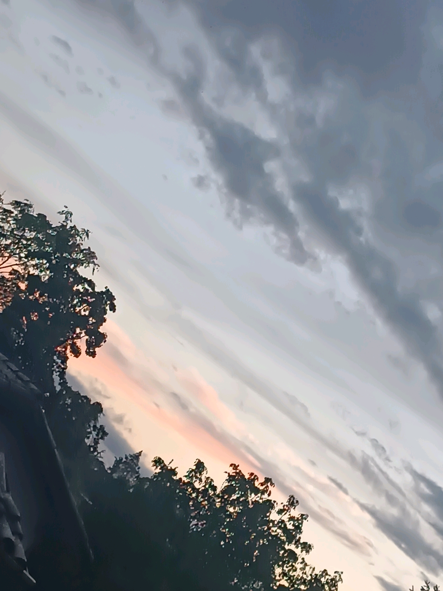 The image depicts a portion of the sky with clouds visible. The sky transitions from a pale gray to a darker gray, with some lighter streaks. There is a hint of pinkish-orange light near the horizon. Silhouetted against the sky are the tops of trees and a dark, angular structure that appears to be a roofline. The composition is diagonal, with the tree line and roofline occupying the lower left and bottom edges of the frame, and the sky filling the majority of the upper right. The scene is likely outdoors, possibly at dusk or dawn, given the lighting conditions. The specific location in Viadana, Italy cannot be determined from the visual information presented in the image.