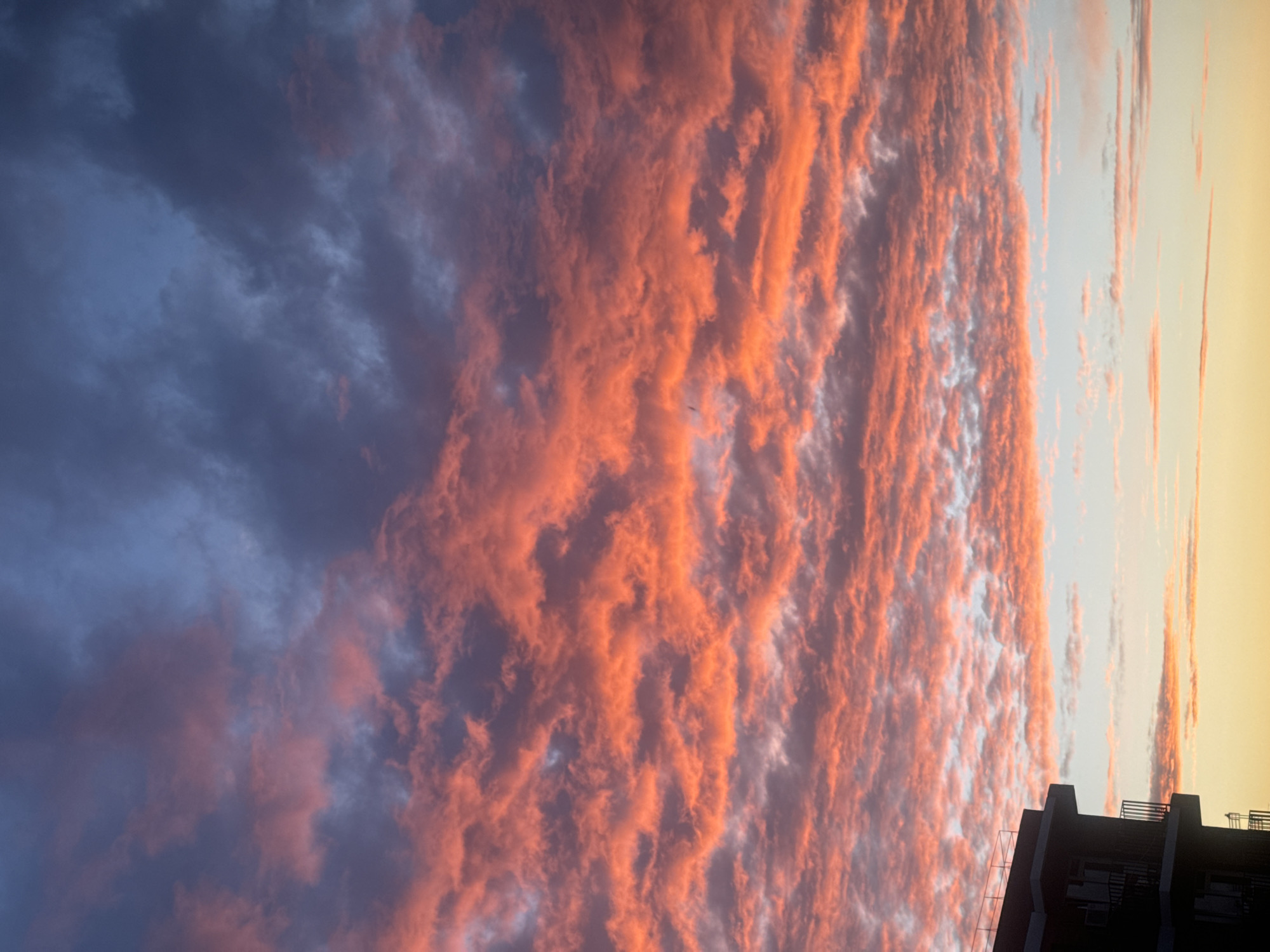 The image depicts a dramatic sunset over a cityscape in Markova, Russia. The sky is filled with a striking array of colors, with vibrant coral-pink clouds dominating the upper half, interspersed with darker, charcoal-grey formations. The lower portion of the sky transitions into softer hues of pale blue and a warm, golden yellow near the horizon. In the foreground, the dark silhouette of a modern building with balconies is visible on the left, its structure partially obscuring the lower sky. The overall scene is characterized by the intense and textured cloud formations catching the last rays of the setting sun, creating a visually captivating spectacle.