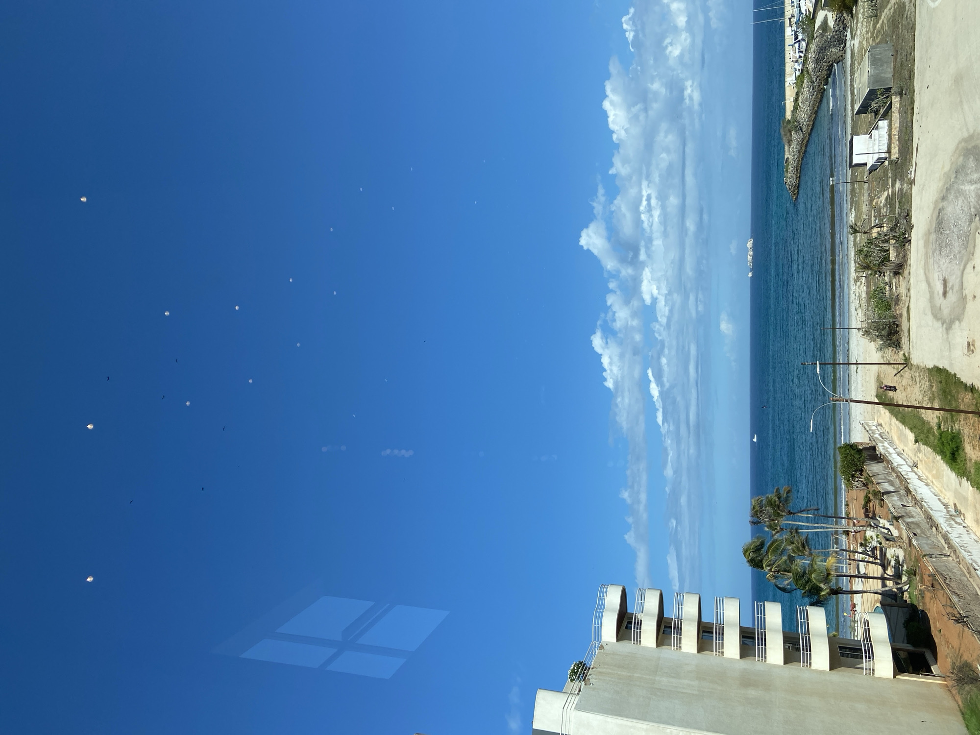The image shows a view from a building in Porlamar, Venezuela, looking out towards the Caribbean Sea. In the foreground, to the left, is a tall, light-colored building with balconies. In front of the building is a beach with palm trees and some dilapidated structures. The sea is a deep blue, with a few small white clouds dotting the sky. There are several boats anchored in the distance, and a cargo ship is visible on the horizon. A breakwater made of rocks extends into the sea on the right side of the image. There are reflections of a window frame on the left side of the image. A person is visible walking on a path near the beach.