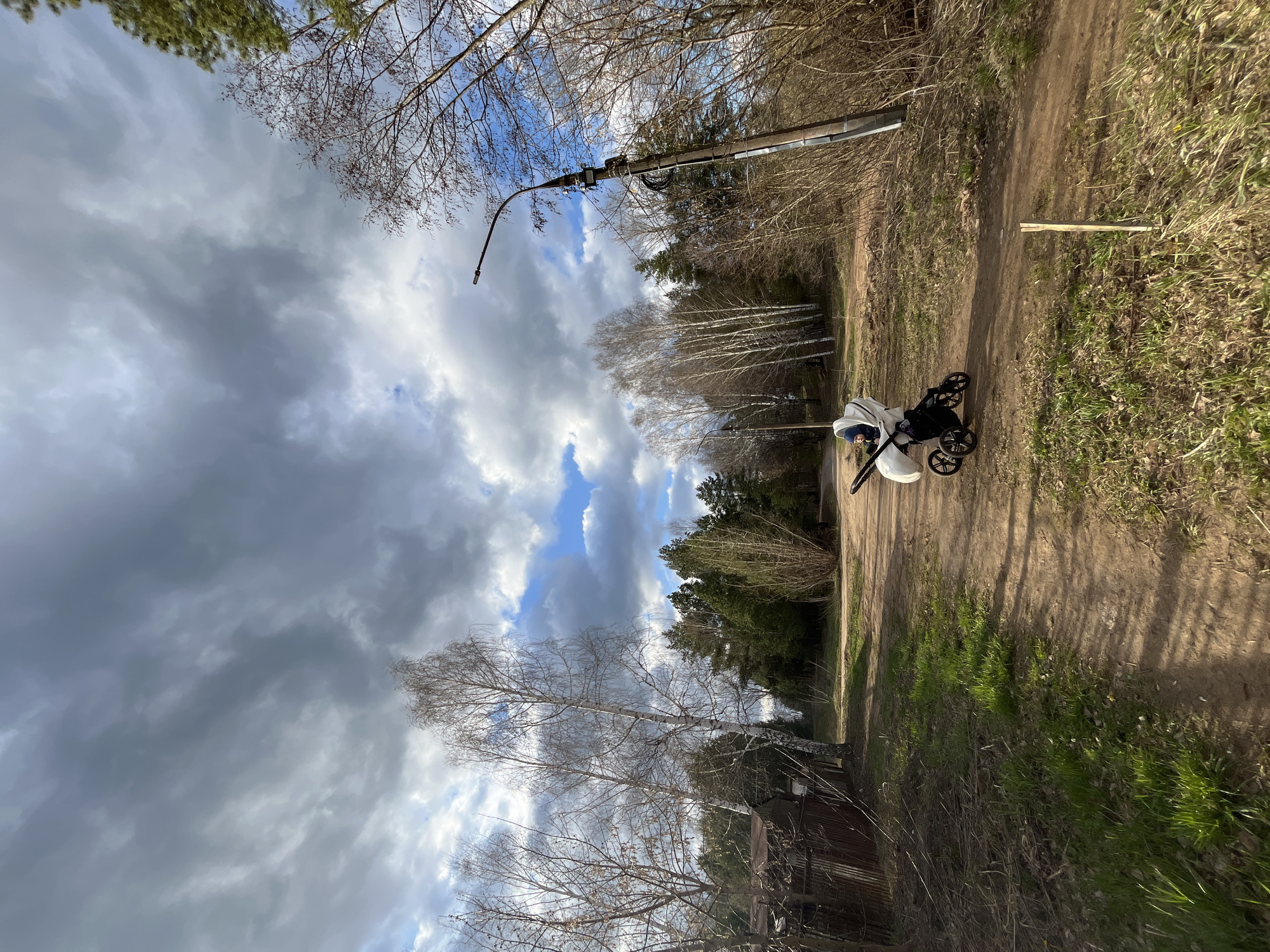 An outdoor scene depicts a person pushing a baby stroller along a dirt path. The image is taken from a slightly low angle, looking up towards the sky and along the path.
The primary subjects are a person and a white and black baby stroller, positioned on the right side of the dirt path. The person's upper body and head are visible, wearing a dark top, as they push the stroller. The path itself is unpaved, made of light brown earth, with some patches of green grass growing on its edges and alongside it.
The setting appears to be a rural or semi-rural area, possibly a park or forest edge in Chaikovsky, Russia. On both sides of the path, there are numerous trees. Many of these trees are deciduous and currently bare, suggesting early spring before leaves have fully emerged. Several tall, slender trees with white bark (likely birches) are visible, particularly on the left side. In the background and interspersed among the bare trees, there are also darker evergreen trees, possibly pines or spruces.
A tall, grey utility pole with a street lamp arm extends from the right side of the path, curving over it. The sky above is a significant feature, showing a mix of large, dramatic grey clouds and patches of clear blue sky. The lighting suggests it is daytime, with shadows cast on the ground, indicating the sun is present despite the clouds. The overall impression is one of a quiet, peaceful stroll through a natural environment. No visible text is present in the image.