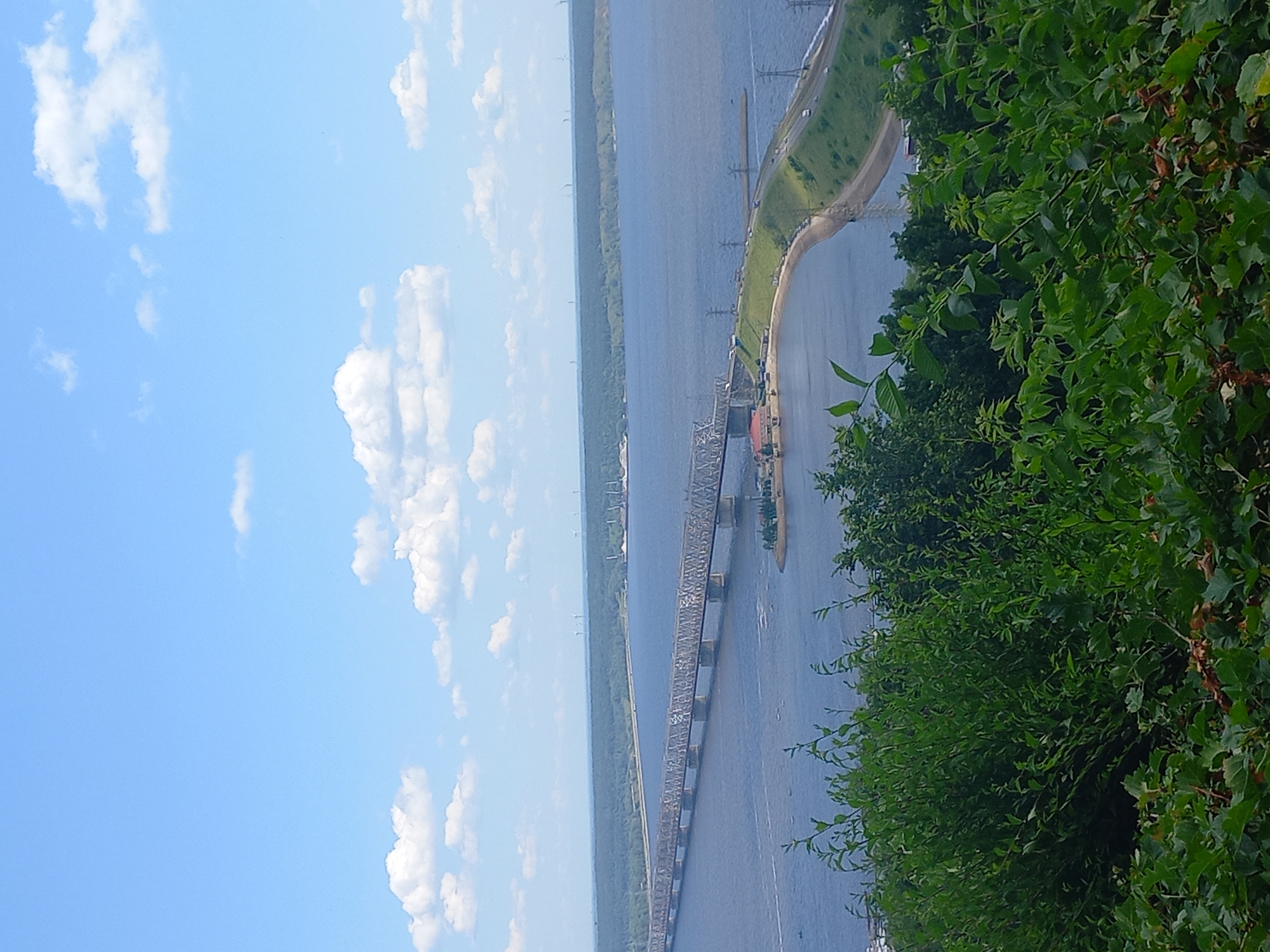 This is a high-angle, wide-shot, eye-level photograph of the Imperial Bridge over the Volga River in Ulyanovsk, Russia. The bridge, a long, metal truss structure, dominates the middle ground, spanning the wide, calm blue river. A curved embankment with a road and power lines runs along the right side of the river in front of the bridge. In the foreground, lush green foliage obscures the lower portion of the image. In the distance, a dense green forest lines the opposite bank of the river, and a clear blue sky with scattered white clouds fills the upper portion of the frame. Several wind turbines are visible on the horizon.