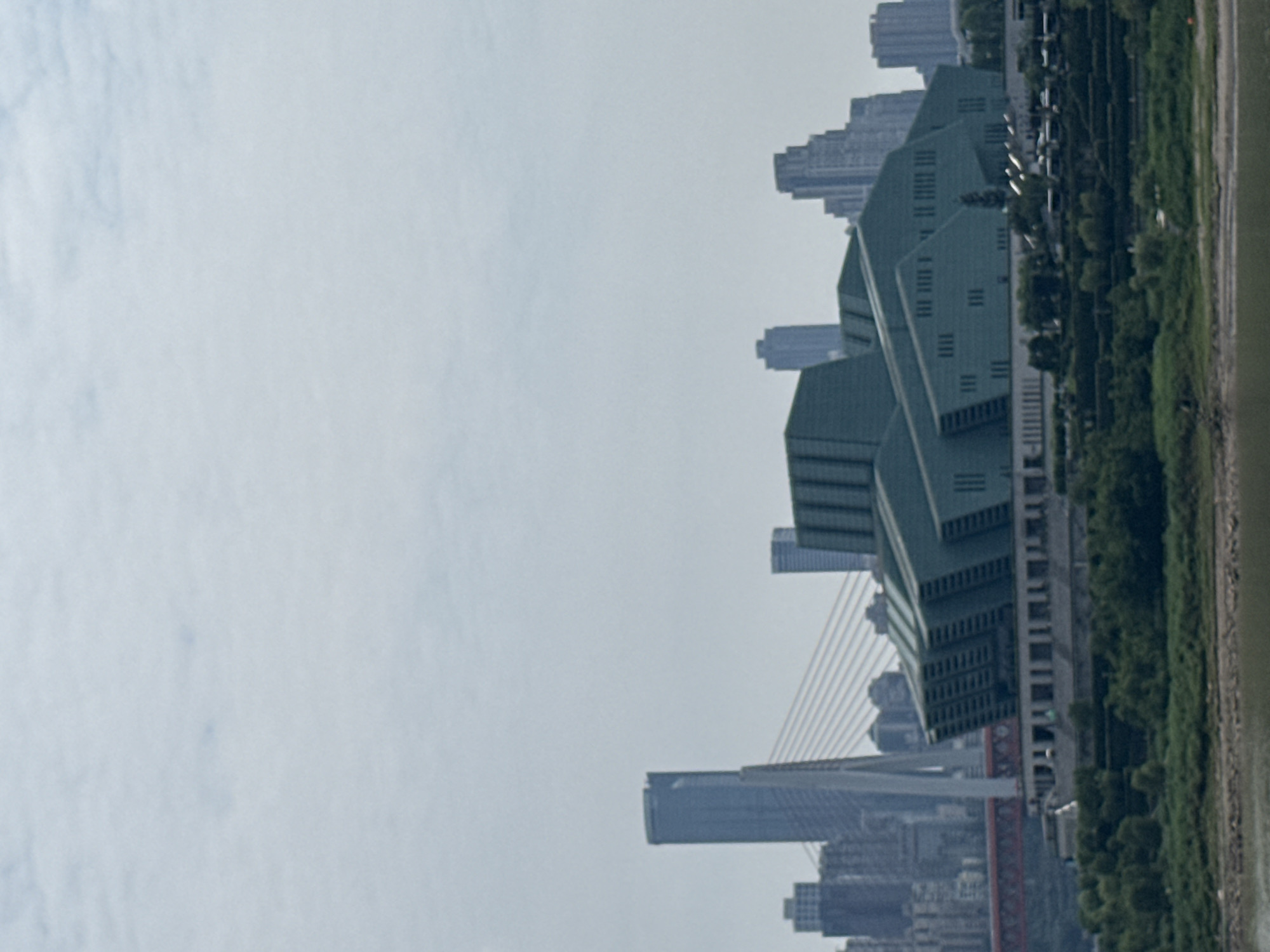 This is a photograph of a modern cityscape on a cloudy day. The foreground shows a wide body of water, likely a river, with a rocky bank. Beyond the water, a densely vegetated embankment rises, with lush green trees and shrubs covering its tiered slopes. Several modern buildings dominate the mid-ground and background.
The most prominent structure is a large, uniquely designed building with a distinctive teal-green facade. Its architecture features multiple angular sections and a stepped appearance, suggesting a contemporary cultural or civic center. This building is situated on a raised platform with a white colonnade visible along its front.
In the background, a collection of skyscrapers and high-rise buildings forms a dense urban skyline. One particularly tall, slender blue skyscraper stands out, with a distinct architectural style and a white cable-stayed bridge extending from its base towards the left side of the frame. Another cluster of grey, tiered skyscrapers is visible further to the right. A red bridge with supporting structures is also present in the mid-ground, partially obscured by the main teal-green building.
The sky is overcast, with a uniform pale grey color and some subtle cloud formations. The overall impression is of a developed urban area with significant modern architecture, likely located near a major river. Based on the distinctive architecture of the teal-green building, which is recognized as the Chongqing Grand Theater, and the overall skyline, the location is identified as Nan'an District, China. No people are clearly discernible in the image.