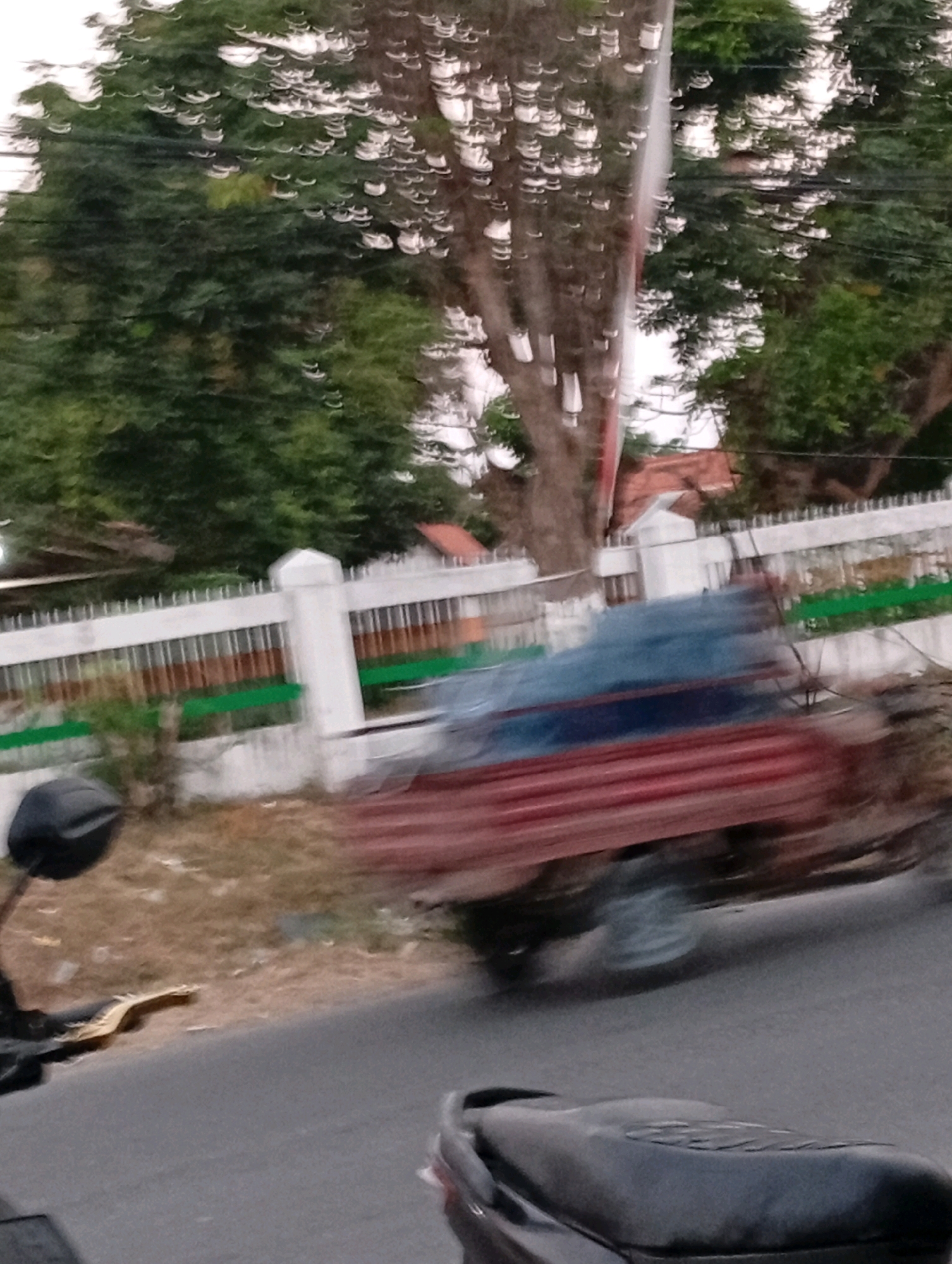 In Banyu Ajuh, Indonesia, this motion-blurred image captures a roadside scene. A motorcycle, partially visible in the foreground with a black seat and part of its handlebars, is positioned on an asphalt road. To the left of the motorcycle, a yellow snake is seen on the grassy shoulder of the road. In the background, a white fence with decorative green and brown stripes runs along the property line. Beyond the fence, trees with dense foliage are present, and a red-tiled roof is peeking out from behind them. A cart, covered with a blue tarp and red material, is blurred as it moves along the road, indicating it is in motion. The overall lighting suggests it is daytime, possibly overcast or at dusk.