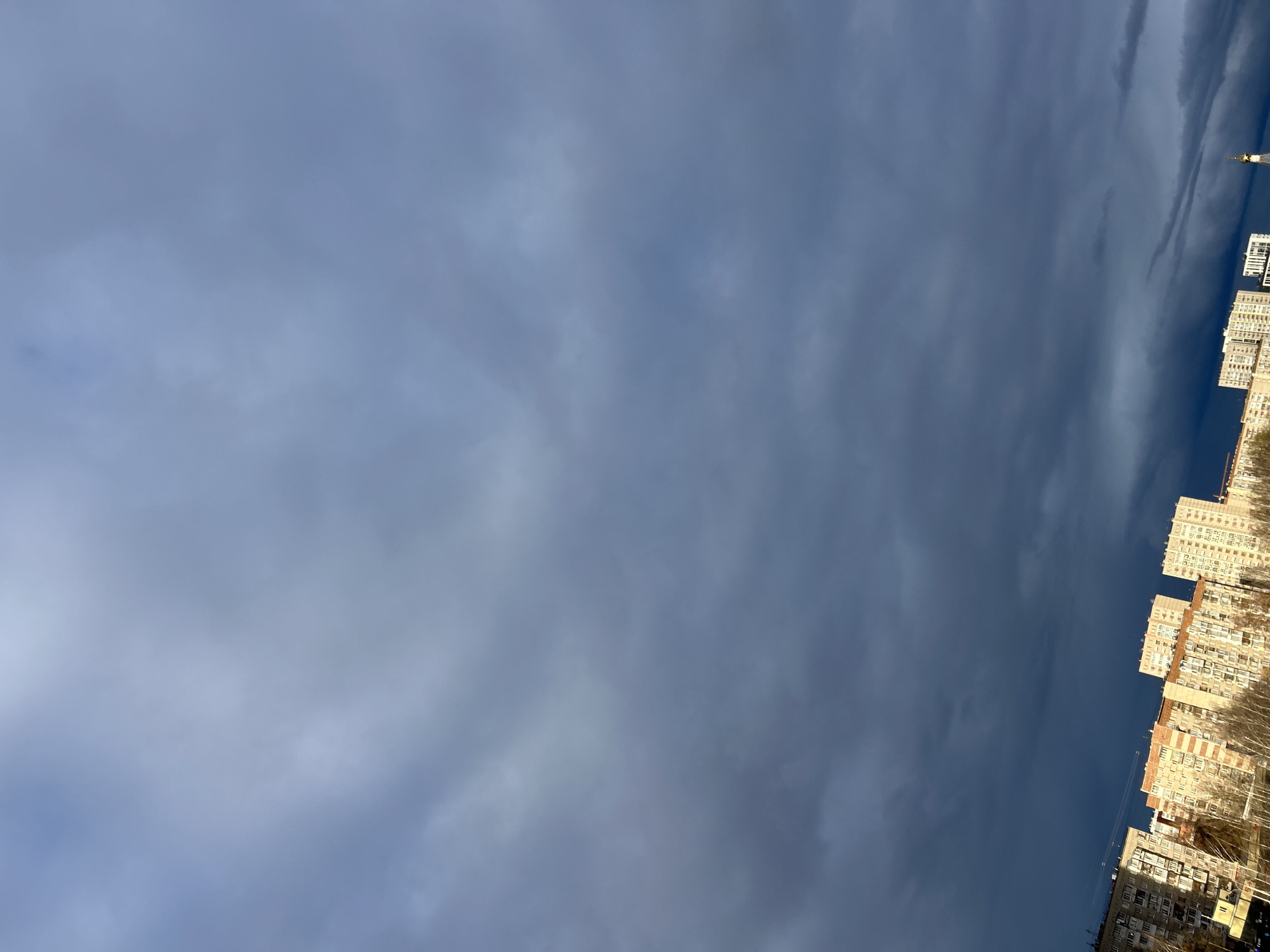 The image, oriented correctly, presents a vast expanse of cloudy sky dominating the left and central portions, with a row of urban buildings situated along the right side.
**Subjects:** The primary subject is the sky, filled with varying densities of blue-gray clouds. The clouds on the left appear softer and more diffused, while towards the right, patches of darker blue sky are visible between more defined cloud formations. On the right side of the frame, multiple multi-story residential buildings are visible, constructed from light-colored materials such as beige or off-white. These buildings feature numerous windows and some balconies. Bare trees, devoid of leaves, are scattered among and in front of the buildings, indicating a colder season. At the very top right edge, a slender structure with a spire or dome is partially visible, possibly a church or monument.
**Activity or event taking place:** The image depicts a static outdoor scene, showing a typical urban landscape under a cloudy sky. No specific human activity or event is captured.
**Notable details:** The time of day appears to be daytime, with diffused natural light illuminating the scene, consistent with the overcast or partly cloudy conditions. The bare trees suggest late autumn, winter, or early spring. The architectural style of the residential buildings is characteristic of urban developments found in regions like Izhevsk, Russia.
**Visible text:** There is no visible text in the image.