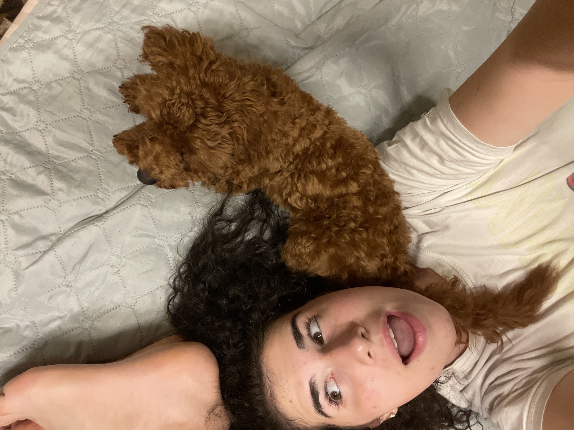 A person is lying on their back on a quilted gray blanket. Their head is to the left, with dark curly hair spread out. A brown dog's paw is resting on the person's chest, and its body extends to the right. The person is wearing a white t-shirt. A bare foot is visible near the top left corner of the image, resting on the person's head. The image is taken from a top-down perspective. No location in Sofia, Bulgaria, is identifiable from the image.