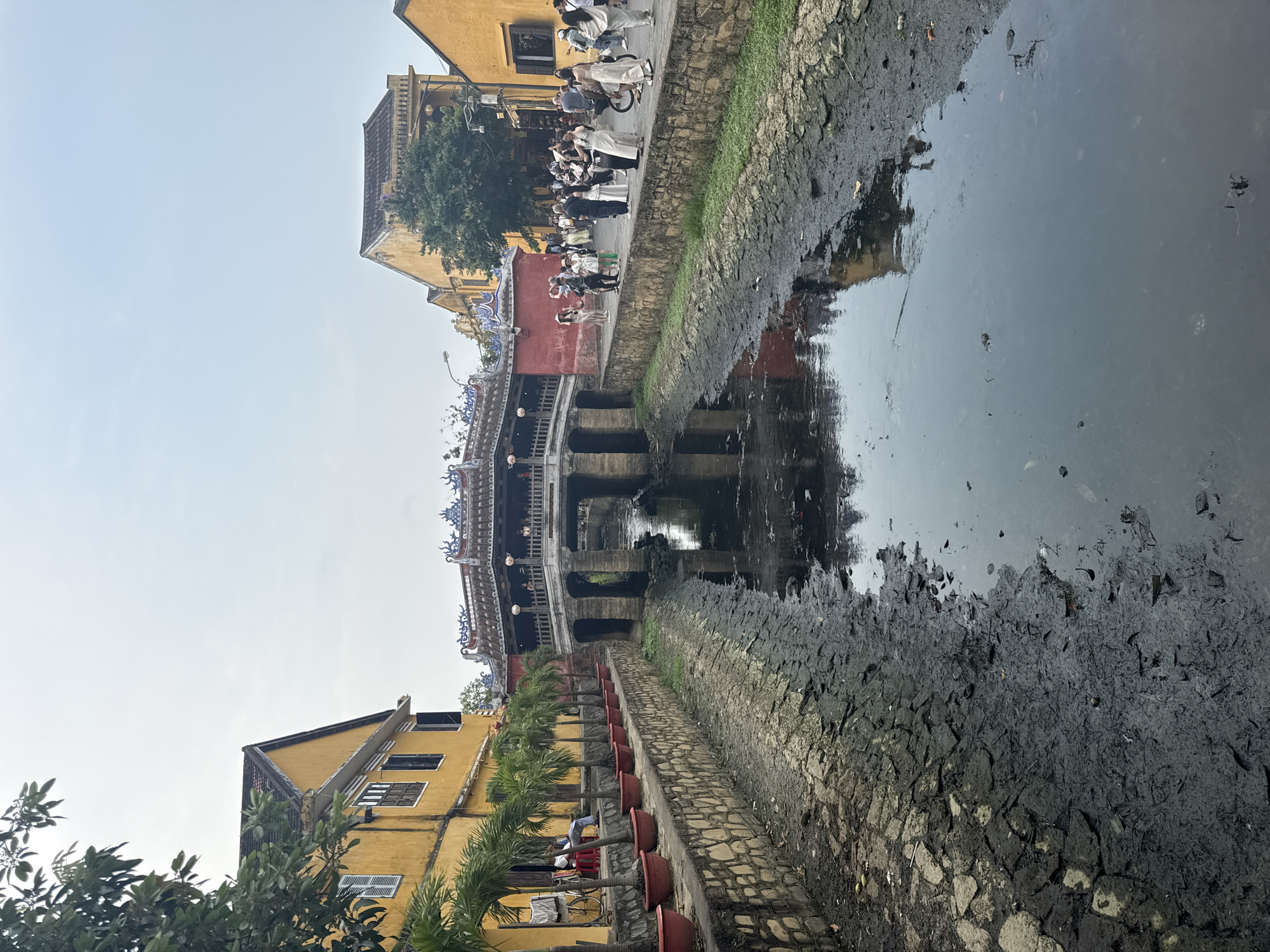 This image, rotated 90 degrees clockwise, depicts a picturesque scene from Hội An Ward, Vietnam, centered around its distinctive Japanese Covered Bridge. The bridge, with its traditional ornate tiled roof and multiple arched supports, spans a narrow canal.
On either side of the waterway are two-story buildings painted in a characteristic yellow-ochre hue, featuring tiled roofs and dark-framed windows, typical of Hoi An's ancient town architecture. The near bank of the canal has a stone-paved walkway, adorned with a series of large red potted plants, likely small palm trees. The far bank, also paved, is bustling with activity.
Several people are visible on the far bank, mostly gathered near the covered bridge. They appear to be tourists or locals, dressed in light clothing, strolling, standing, and observing their surroundings. One individual is seen with a bicycle. The canal's water level appears somewhat low, exposing muddy sections along its banks, yet it still provides reflections of the architecture and the bright sky.
The scene takes place under a clear, light blue sky, indicating a daytime setting, likely morning or late afternoon. Green trees and foliage are interspersed among the buildings, adding natural elements to the urban landscape. No visible text is discernible within the image. The overall impression is one of a preserved historical site, vibrant with visitors and traditional charm.