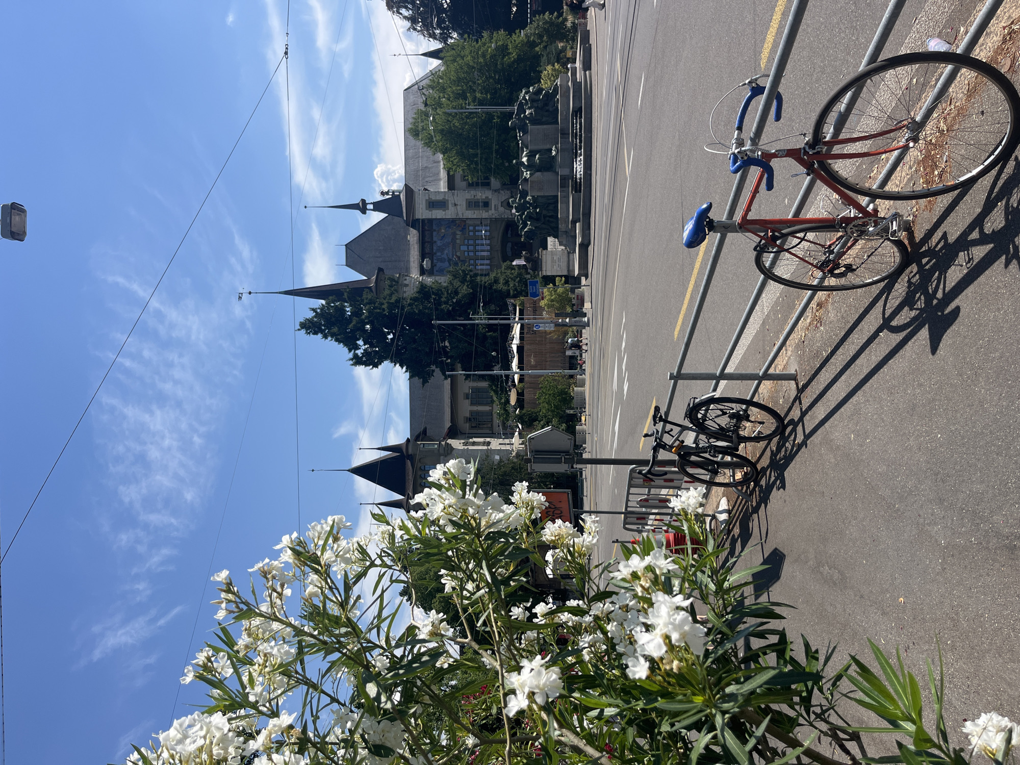 The image depicts a sunny day in Bern, Switzerland, with a view of the Bernisches Historisches Museum. In the foreground, white oleander flowers bloom on the left. A metal railing runs along the sidewalk, behind which two bicycles are parked: a black one on the left and a red one on the right with a blue seat and handlebars. The bicycles are facing away from the camera, leaning against the railing.
Across the street, the Bernisches Historisches Museum, a large stone building with multiple spires and a dark roof, is visible. In front of the museum is a large fountain with a sculptural centerpiece depicting a group of figures. Trees and some people are present around the museum and in the background. The sky is blue with scattered white clouds, and overhead wires are visible. The scene suggests a public space in the city, likely a park or square adjacent to the museum.