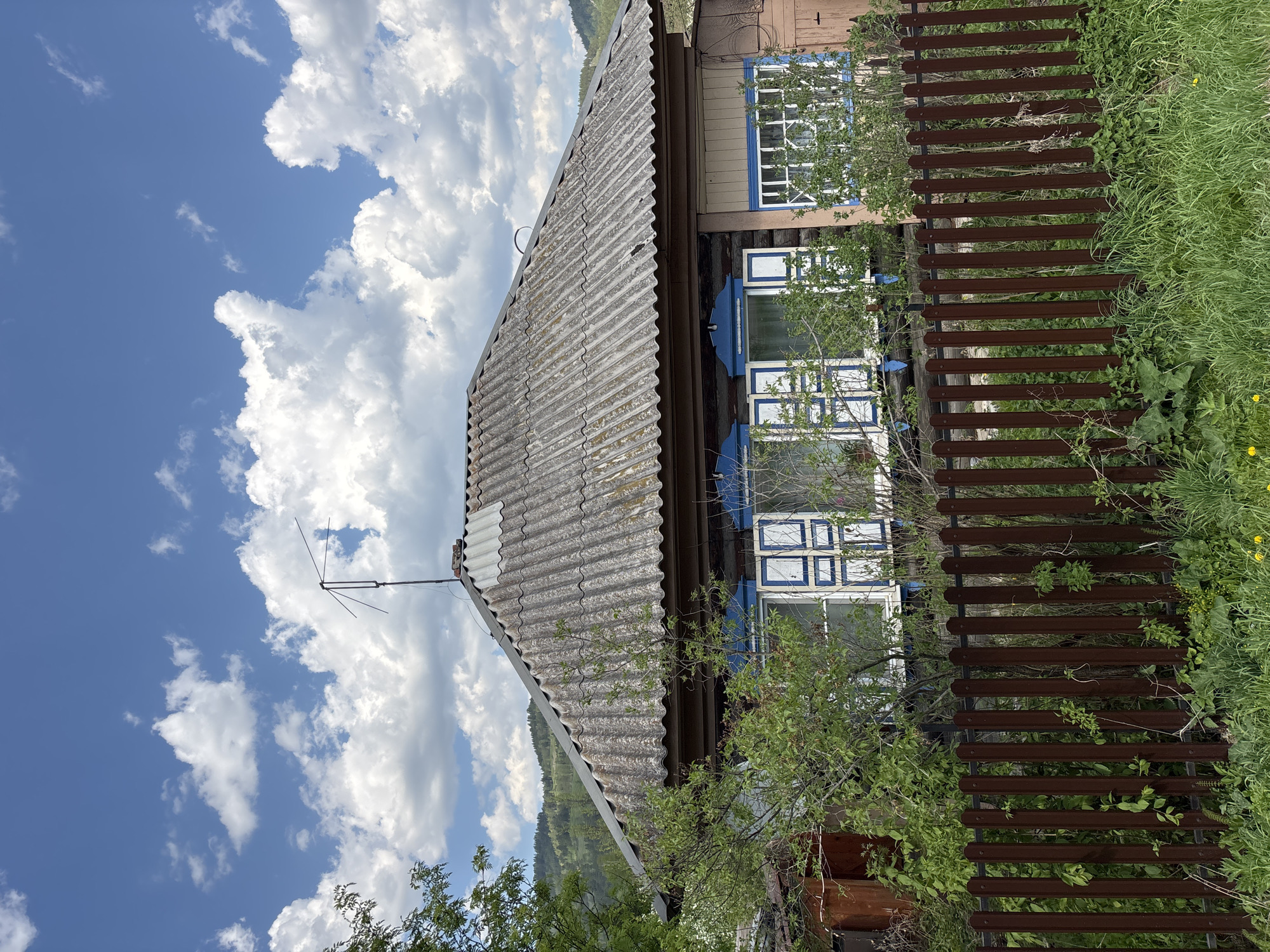 The image depicts a single-story wooden house with a gray asbestos roof and blue-trimmed windows. An antenna extends from the roof toward the sky, filled with fluffy white clouds. A brown wooden fence stands along the side of the house, partly obscured by vegetation and tall grass. The house is located in Овсянка, Russia.