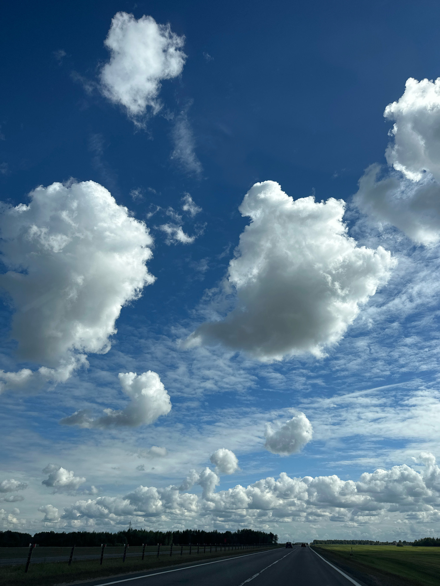 The image captures a wide-angle view of a bright blue sky filled with fluffy white cumulus clouds, some of which are large and dramatic, while others are wispy cirrus clouds. In the lower part of the frame, a paved road stretches into the distance, bordered by a grassy verge and a dark line of trees on the left. The road appears to be a highway with lane markings and a few cars visible in the distance. The overall scene suggests a sunny day in a rural or semi-rural area. This appears to be a highway in the Дукорскі сельскі Савет region of Belarus, with a line of trees forming a forest or dense woodland along the side of the road.