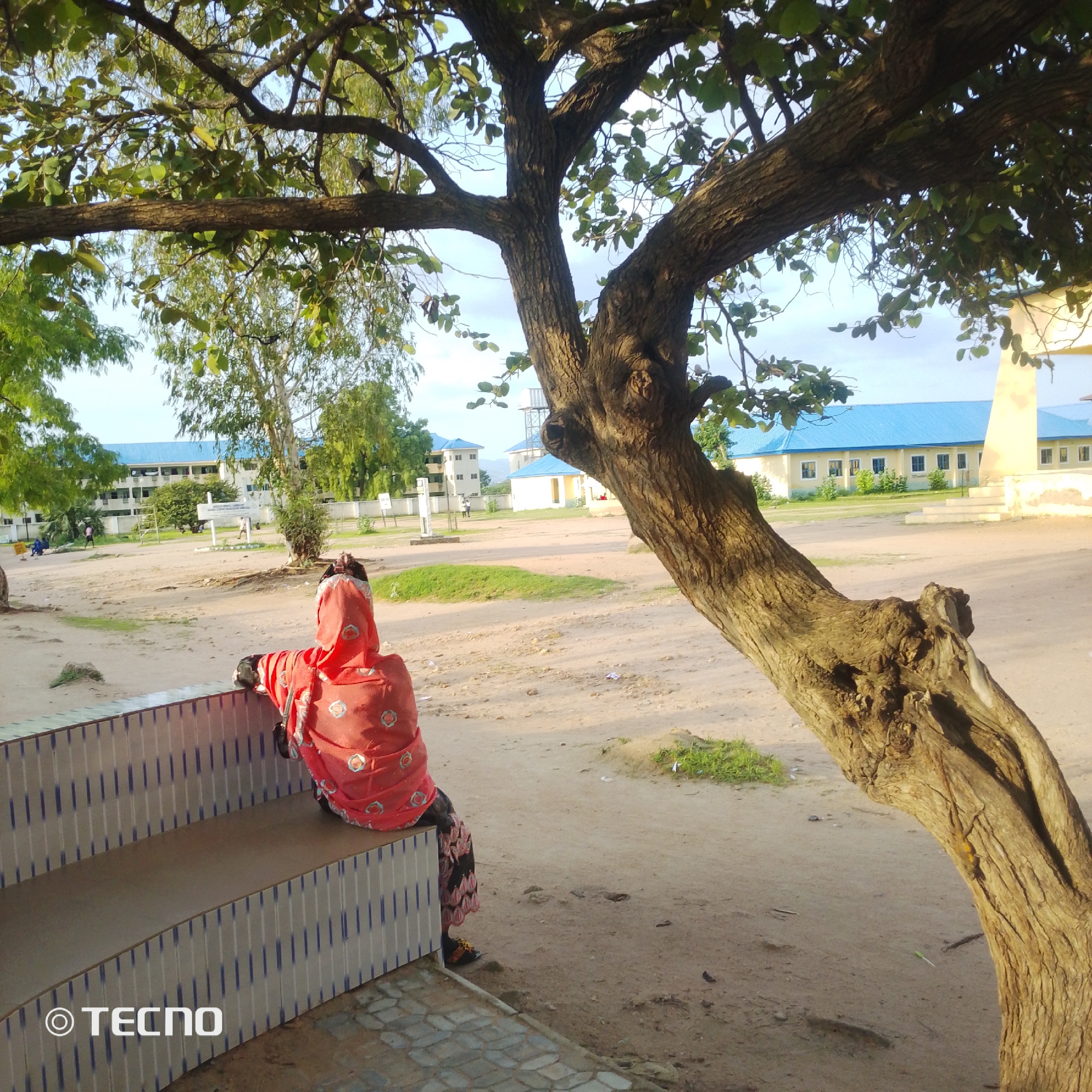 In Jalingo, Nigeria, a person in a red headscarf and patterned clothing sits on a bench beneath the shade of a large tree. The bench has a tiled pattern of blue and white stripes. The ground is sandy, with patches of grass and scattered debris. In the background, several buildings with bright blue roofs and white walls are visible. Some people are walking in the distance, and a few are seated on the ground near one of the buildings. The sun appears to be low in the sky, casting long shadows and illuminating the scene with a warm, golden light, suggesting it is either early morning or late afternoon. The sky is a pale blue with some soft clouds. The overall atmosphere is peaceful and serene. The word "TECNO" is visible in the lower left corner of the image, likely a watermark.