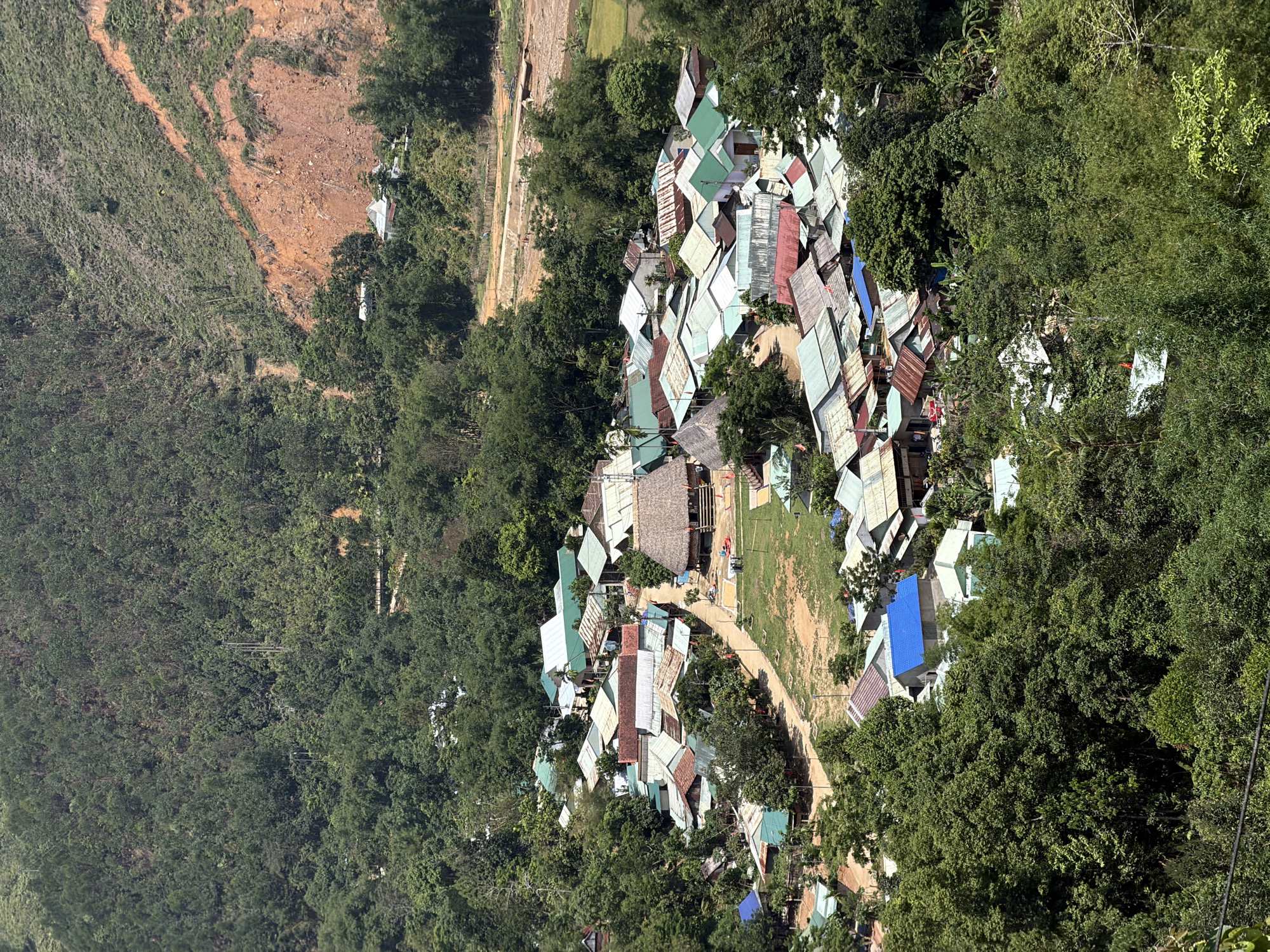From an elevated perspective, the image captures a dense settlement nestled amidst lush greenery, plausibly in the vicinity of Đà Nẵng, Vietnam. The scene is dominated by dwellings exhibiting a medley of corrugated iron and tile roofs. The structures are interspersed with dense vegetation, creating a mosaic of textures and colors. A path meanders through the settlement. The background features hillsides and other areas of vegetation. Overhead power lines are visible. No individuals are clearly discernible.