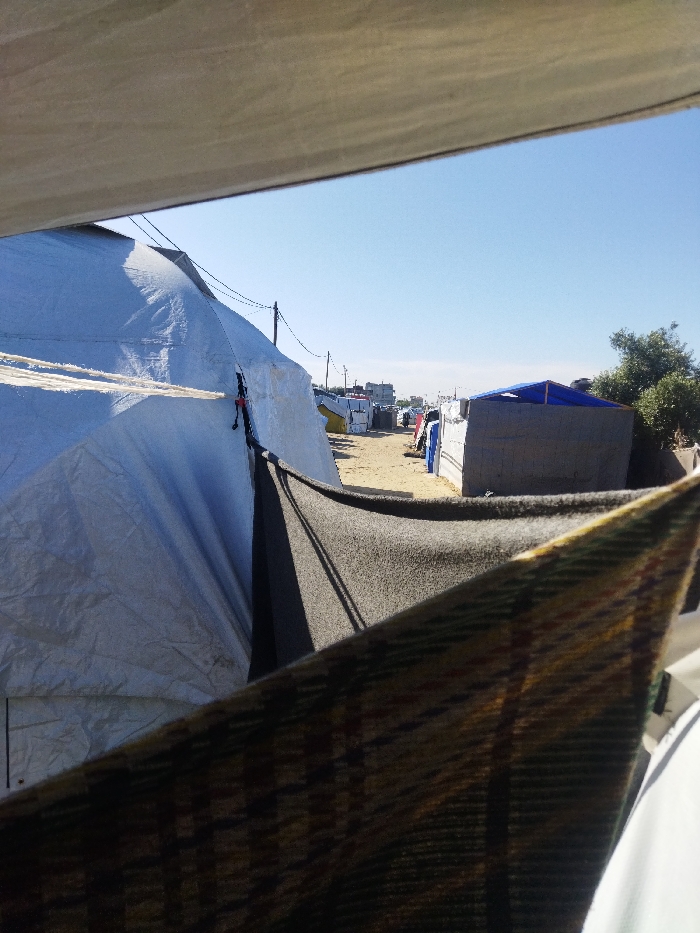 The image depicts a daytime scene in Khan Yunis, Palestinian Territory, captured from beneath a light-colored canopy or tent opening. In the immediate foreground, a dark, patterned blanket or fabric partially obscures the view from the lower right. To the left, a large, white, dome-shaped tent, likely constructed from tarpaulin, is prominently visible, secured by white ropes. A sandy dirt path extends into the background, flanked by numerous makeshift shelters and tents constructed from various materials, including tarps, fabrics, and wooden frames.
Along the path, multiple utility poles with overhead wires are visible. On the right side of the path in the mid-ground, a dark-colored temporary structure with a blue tarp roof stands. One individual, dressed in blue, is discernible standing near the path in the mid-ground. Sparse green foliage is visible on the far right in the background. The sky overhead is clear and bright blue.