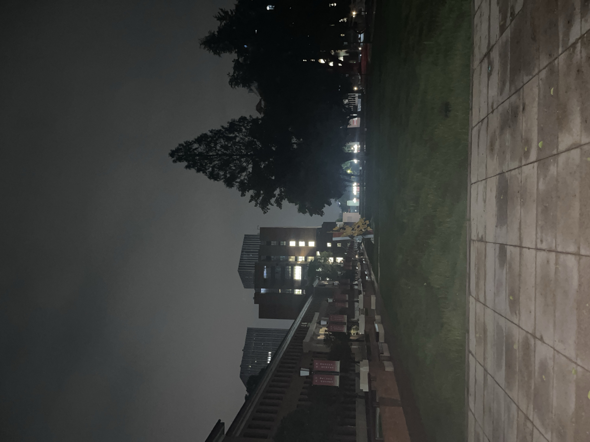 This image depicts a nighttime exterior scene in Yuzhong District, China. The sky is dark and uniformly overcast. In the immediate foreground, a paved surface composed of rectangular tiles shows evidence of dampness with visible wet patches. Beyond this, a wide expanse of green grass constitutes the central ground plane.
To the left, a long, multi-story building with a reddish-brown facade and numerous windows stretches horizontally. Along its exterior, several vertical banners, predominantly dark red with lighter text, are mounted on poles. In the background on the left, behind this building, a taller, more modern high-rise structure is partially visible, with some illuminated windows. Further to the right in the background, another large building with multiple illuminated windows stands out against the dark.
On the right side of the image, two large, dense trees stand, their dark silhouettes dominating the frame against the sky. Beneath the trees and across the midground, multiple artificial light sources are visible, casting light onto portions of the grassy area and revealing architectural details in the distance. A distinct yellow and white object, possibly a sculpture or sign, is positioned on the grass near the base of the trees on the right. No individuals are present in the scene.