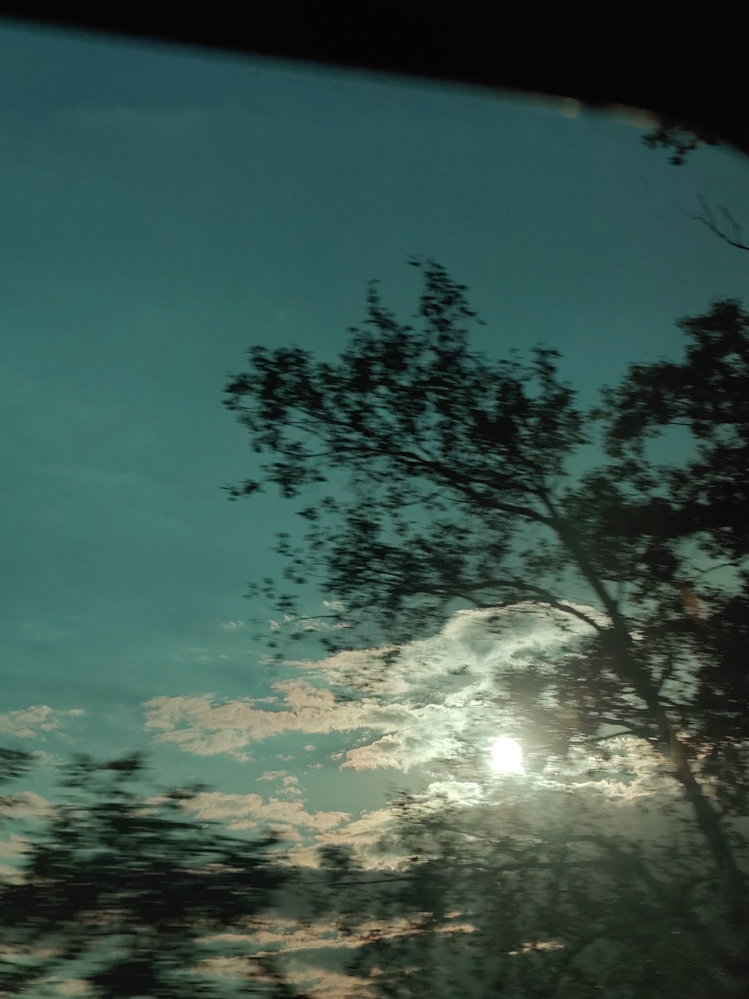 The image depicts a motion-blurred view of trees against a teal sky with scattered white clouds. The sun is visible as a bright, washed-out orb behind the clouds and foliage. The scene appears to be captured from a moving vehicle, as indicated by the blur. There are no people or specific identifiable landmarks present to determine a precise location within Kotelva, Ukraine, or any other city. The overall impression is one of a scenic, possibly rural or roadside view, seen in passing.