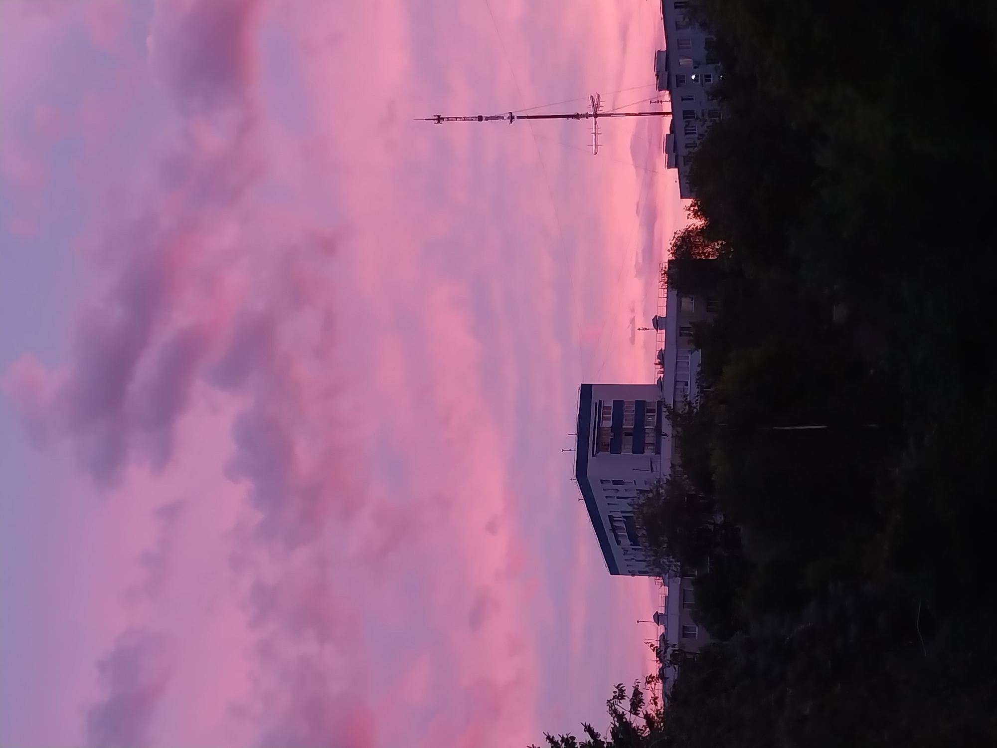 The image shows a pink sunset sky over Orenburg, Russia. In the foreground, there are dark green trees obscuring the bottom and right side of the view. Several apartment buildings are visible, including a tall white and blue building. A red and white telecommunications tower rises in the center of the image. The sky is filled with pink and purple clouds, indicating a sunset or sunrise.
