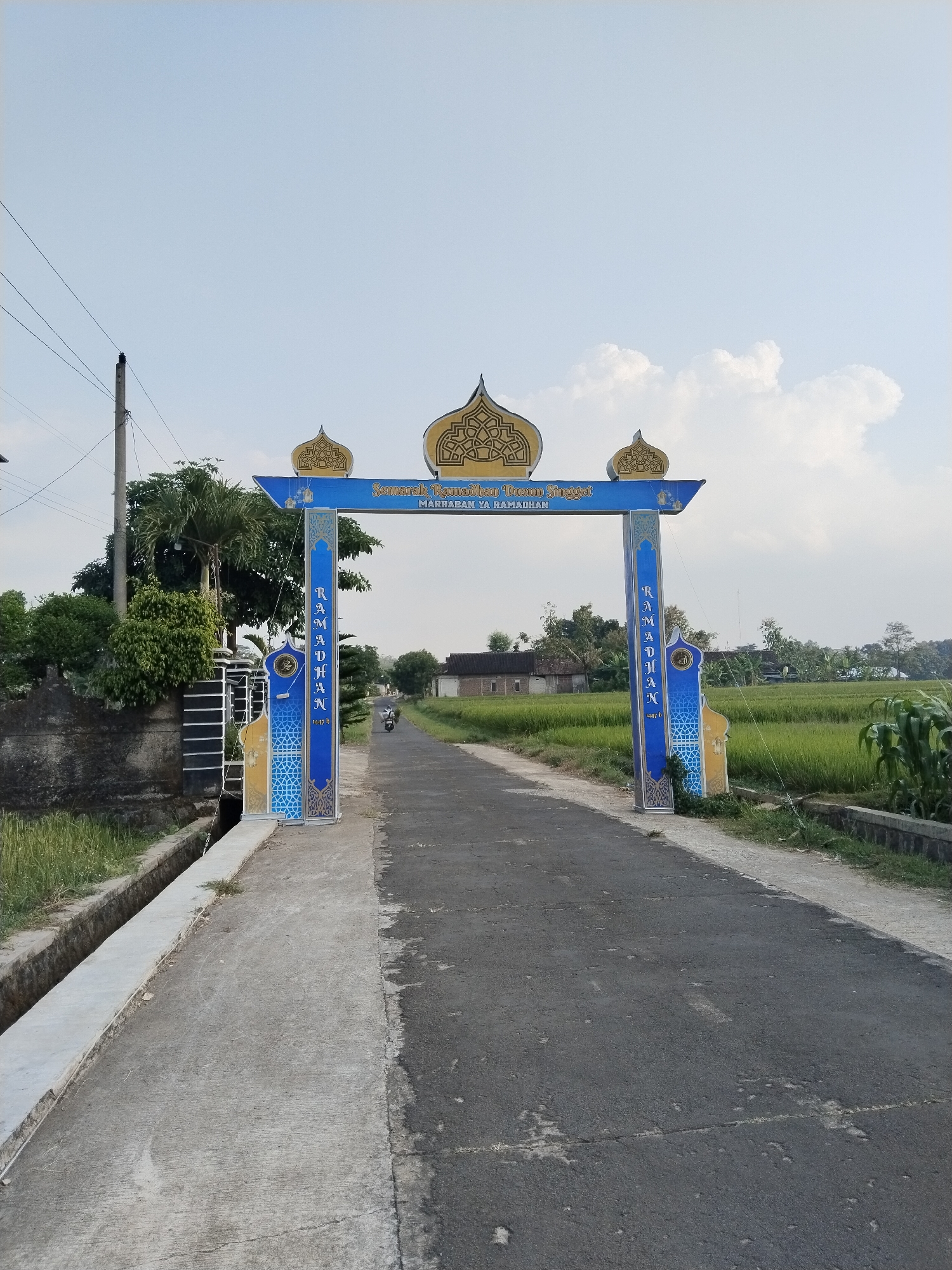 The image displays a rural scene in Tawangsari, Indonesia, centered around a decorative archway spanning a paved road. The archway is predominantly blue with gold and yellow accents, featuring intricate Islamic geometric patterns and stylized dome shapes at its crest.
Visible text on the main horizontal beam reads "Semarak Ramadhan Dusun Singget" (The Splendor of Ramadhan Singget Hamlet) and below it, "MARHABAN YA RAMADHAN" (Welcome, Ramadhan). The vertical pillars of the archway also bear the word "RAMADHAN" written vertically, along with "1447 H," indicating the Islamic year. This suggests the archway was erected to mark the occasion of Ramadhan for the Singget Hamlet.
The paved road, showing some cracks and wear, extends into the distance, where a person on a motorbike is faintly visible. To the left of the road, a concrete drainage ditch runs parallel, bordered by green grass, bushes, and a low concrete wall. A utility pole with power lines stands tall on this side. To the right, lush green rice paddies and some corn plants stretch towards the background.
In the distance, beyond the fields, several simple village houses with dark roofs can be seen. The sky is bright and clear, a pale blue with a few scattered white clouds, indicating daytime with good weather. The overall setting is an agricultural area, likely at the entrance to a small village or hamlet, celebrating the Islamic holy month.
