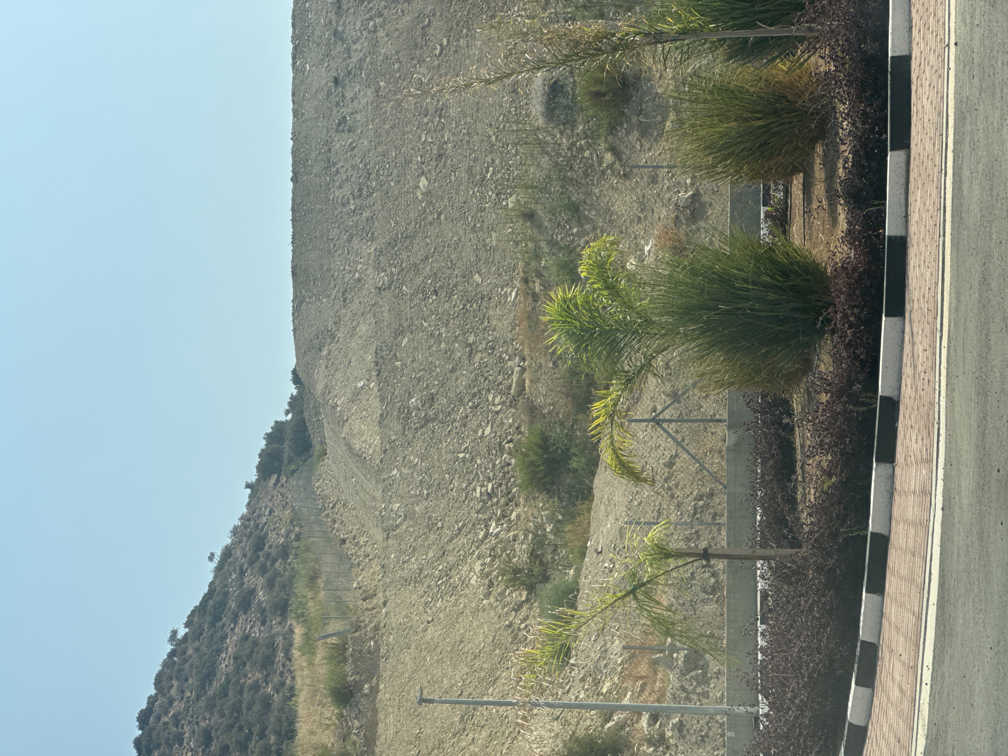 The image captures a view of a barren, rocky hillside with sparse vegetation under a clear blue sky. A chain-link fence runs along the base of the hill. In the foreground, there is a paved area with a decorative border and landscaping, including a young palm tree and ornamental grasses. The scene appears to be an undeveloped or construction site, likely on the outskirts of a city given the presence of landscaping. The lack of specific landmarks or identifiable structures makes it difficult to pinpoint the exact location within Limassol, Cyprus, without further context. However, the arid, hilly terrain and the type of vegetation are consistent with the natural environment found in the region. There are no people or animals visible in the image. The overall impression is one of a stark, natural landscape in a state of transition.