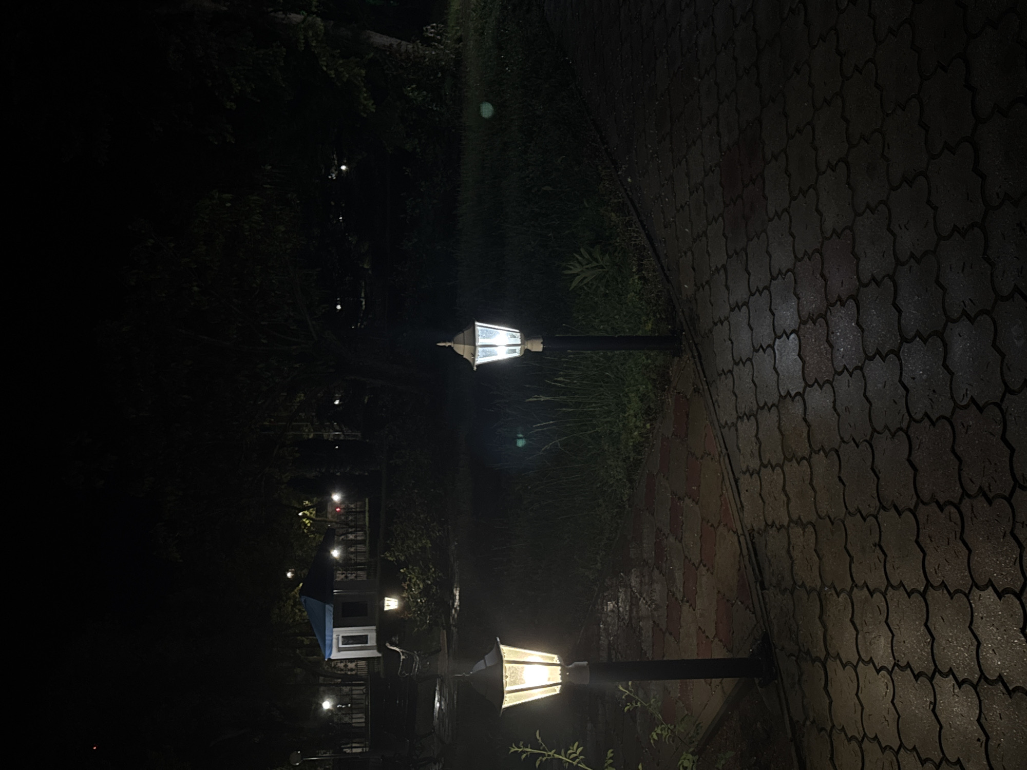 The image shows a night scene along a brick-paved path. Two illuminated lampposts stand along the path, casting light on the ground and surrounding vegetation. In the distance, a small structure with a blue roof is visible, along with additional lights that suggest a building or public space. The scene is dark, with limited visibility beyond the immediate vicinity of the lampposts. The location is in Yevpatoriya, Ukraine.