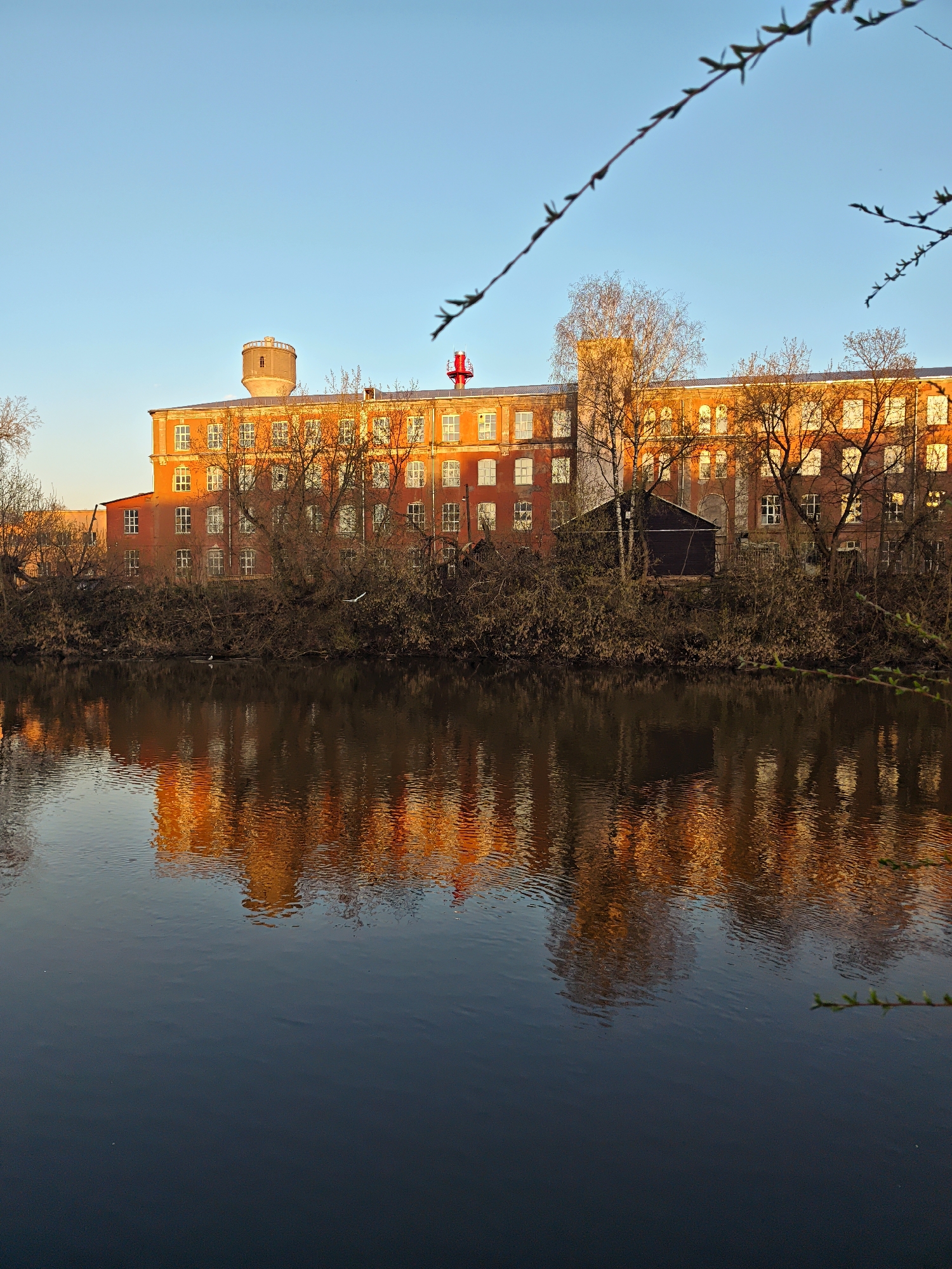 The image shows a brick building reflected in a body of water. The building is likely a historic industrial structure, possibly a mill or factory, as suggested by its size and architectural style. It features multiple rows of windows and a cylindrical tower. The golden light suggests the image was taken during sunrise or sunset. The water is relatively calm, allowing for a clear reflection of the building and the surrounding bare trees. The foreground includes foliage, slightly blurring the lower right corner of the frame. The location is Noginsk, Russia.