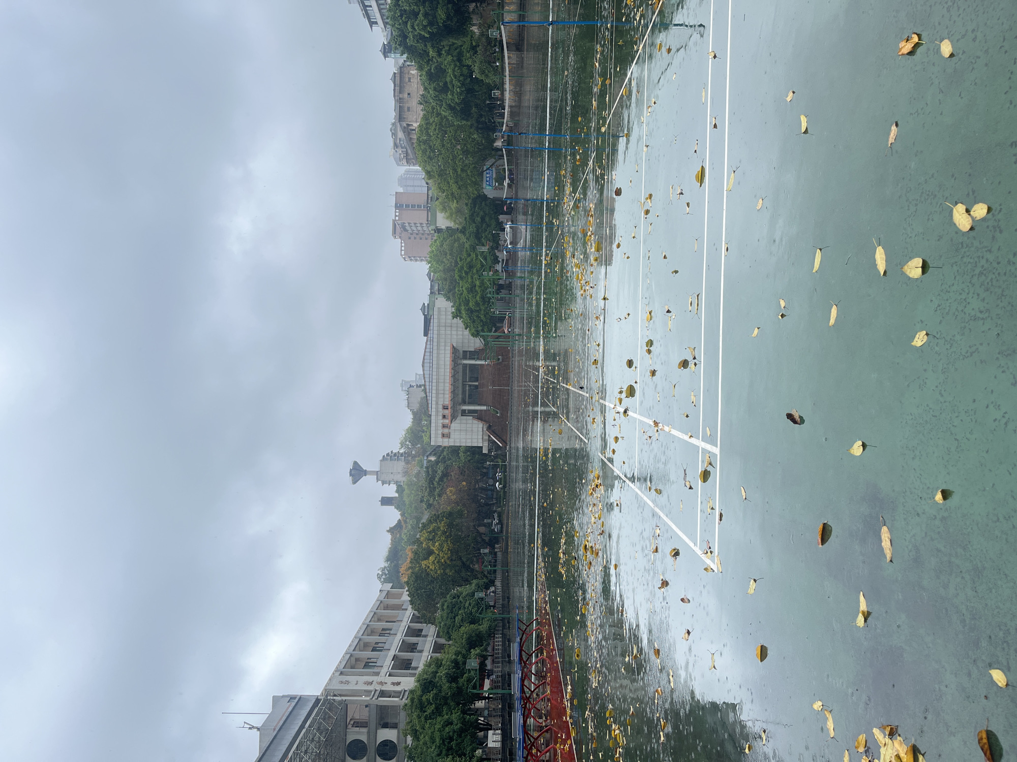 The image depicts a deserted outdoor sports court under an overcast sky, likely after or during light rain, in an urban or school campus setting in Yuzhong District, China.
The foreground and mid-ground are dominated by a wet, green-surfaced sports court, marked with prominent white lines, characteristic of a volleyball, tennis, or badminton court. The court surface is reflective, indicating the presence of water or puddles, and is strewn with numerous fallen yellow and light brown leaves. Blue poles, presumably for a net, are visible across the court. A red and blue fence runs along the left side of the court.
In the background, a dense cluster of multi-story buildings, primarily residential or educational structures, rise behind lush green trees. Some basketball hoops are faintly visible amidst the greenery. A distinctive grey water tower with a conical top stands out against the sky in the mid-left background. The sky is uniformly grey and cloudy, suggesting an overcast day.
No people or activity are present, giving the scene a quiet and still atmosphere. On the side of a prominent white building in the background, Chinese characters are visible, which can be identified as "重慶市第一中學" (Chongqing No. 1 Middle School), confirming the location as a school campus. The scene evokes a sense of tranquility and the aftermath of a weather event.