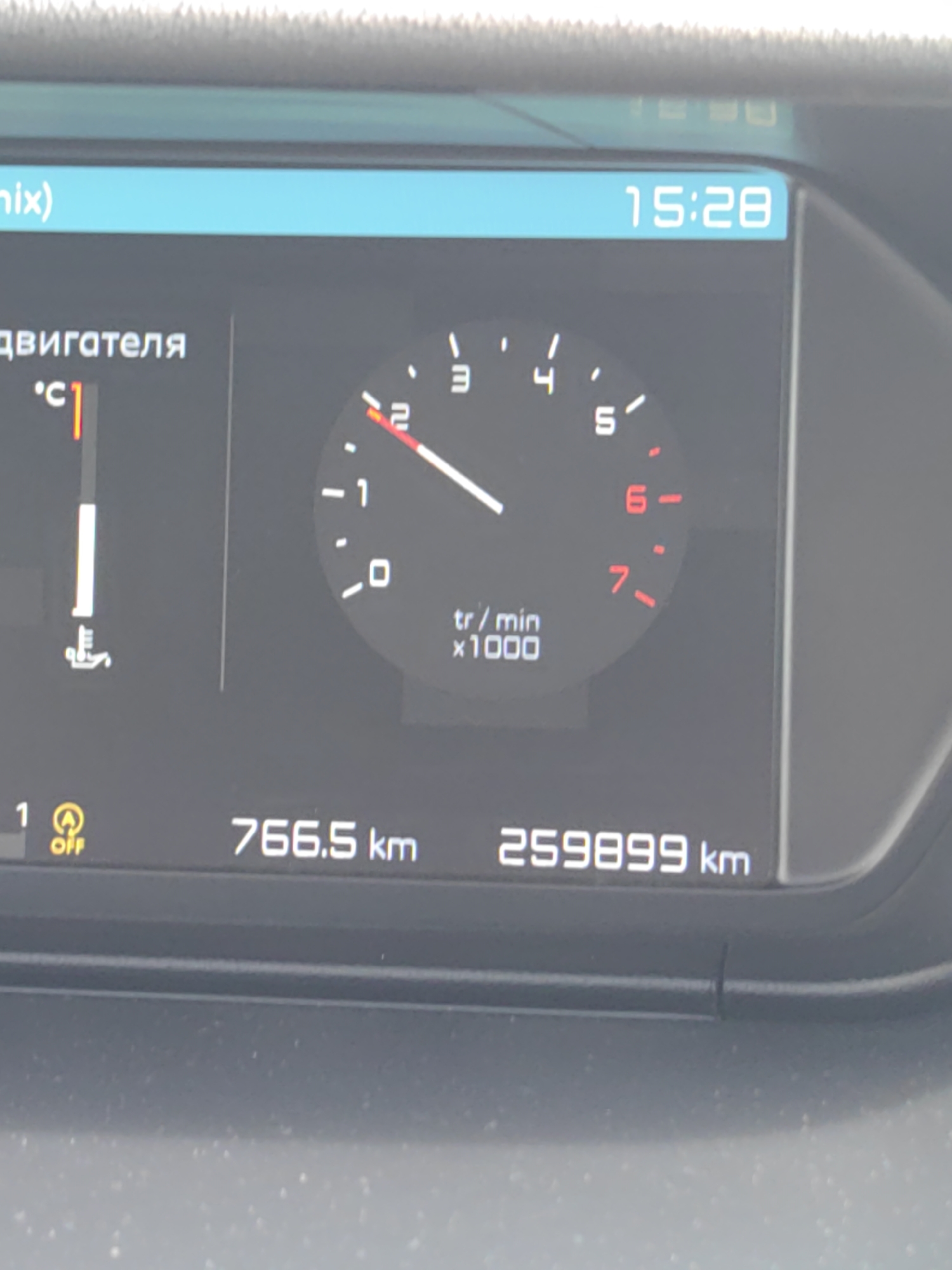The image displays a close-up view of a car's digital dashboard, captured from the perspective of the driver. The dashboard features several readouts: a digital clock displaying "15:28", a temperature gauge showing "°C" with a needle pointing just above the minimum mark, and a tachometer with a needle indicating an engine speed of approximately "1000 tr/min". Below these, two odometer readings are visible: "766.5 km" and "259899 km". An icon resembling a traffic signal with "OFF" below it is also present, along with the number "1". The background shows the upper edge of the dashboard's casing. The location is stated as Путчынскі сельскі Савет, Belarus, however, this information cannot be visually verified from the provided image.