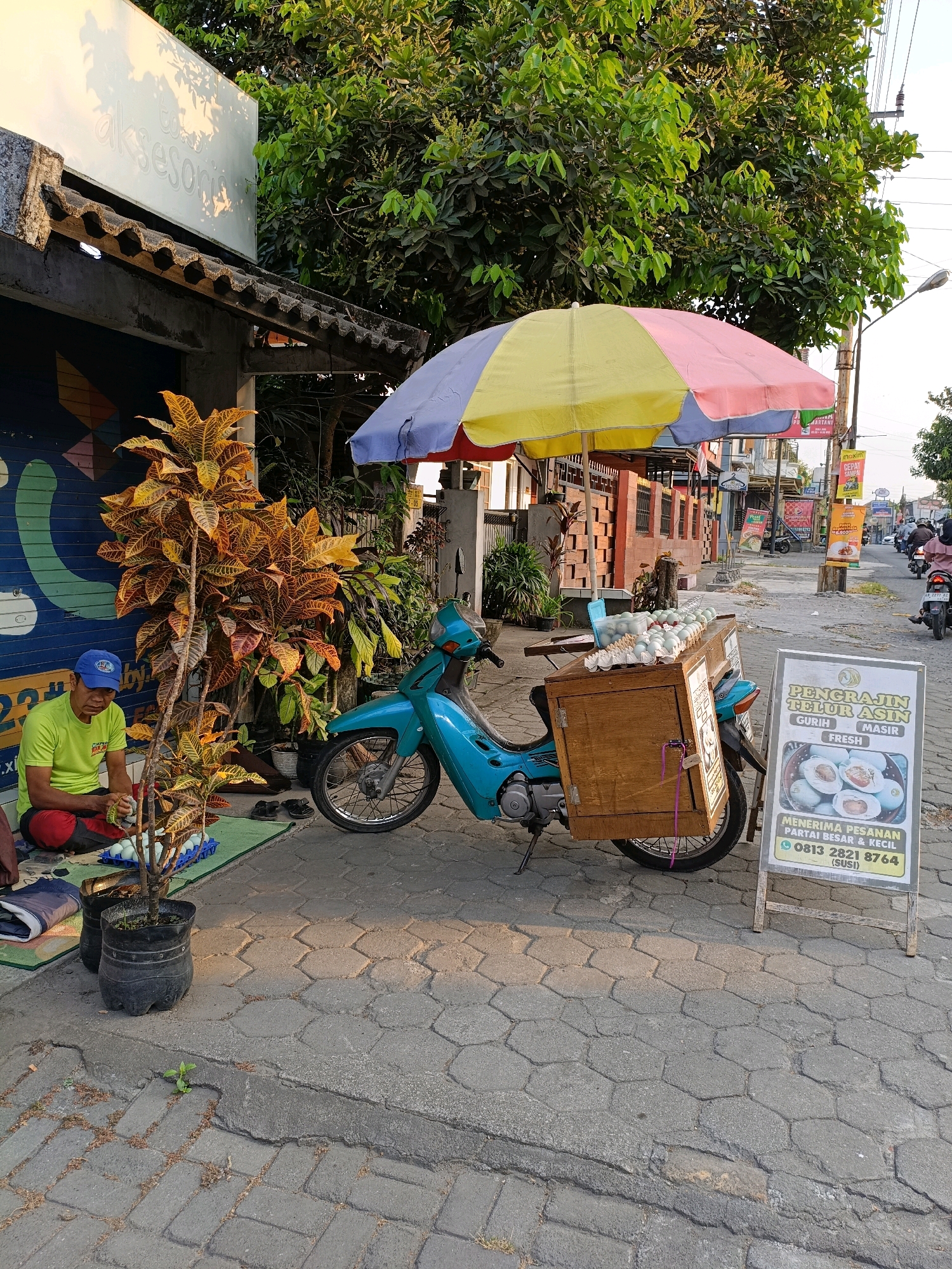 In Purwomartani, Indonesia, a man in a lime green shirt and red pants sits on the sidewalk near a turquoise scooter. He is wearing a blue baseball cap and is actively engaged in packaging light blue eggs into blue cardboard trays. The scooter has a wooden box attached to the back, filled with more of these eggs, and is covered by a colorful umbrella. A potted plant with vibrant orange and yellow leaves stands to the left of the man. Beside the scooter, a signboard displays information about "PENGRAJIN TELUR ASIN" (Salted Egg Craftsman) and contact details. The scene unfolds on a paved sidewalk with hexagonal stones, bordered by a street with vehicles and other street vendors in the background. A building with a corrugated roof and a sign reading "aksesoris" is visible to the left. The environment suggests a street-side marketplace or commercial area.