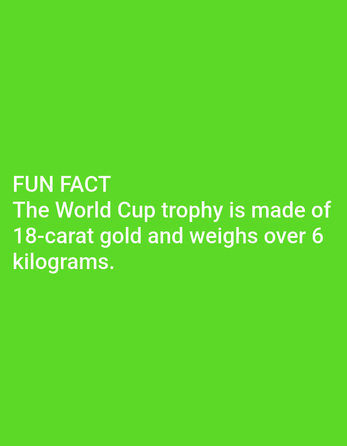 The image displays text on a bright green background. The text reads: "FUN FACT The World Cup trophy is made of 18-carat gold and weighs over 6 kilograms." There are no people, objects, or discernible environmental features present in the image other than the text itself and the background color. The image is devoid of any elements that would suggest a location in Lagos, Nigeria, or any specific city.