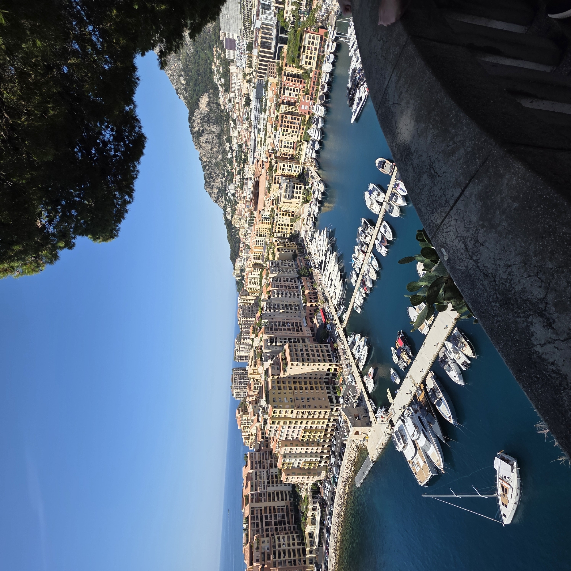 This is a high-angle, wide shot of Port Hercules in Monaco. The harbor is filled with numerous yachts and smaller boats docked along piers. Buildings with terracotta roofs and beige facades, characteristic of Mediterranean architecture, line the waterfront and extend up the hills in the background. A mountain range is visible in the distance, with some buildings nestled on its slopes. The sky is clear and blue. A person's hand is visible in the lower right corner, resting on a stone balustrade. The scene suggests a sunny day with calm waters.