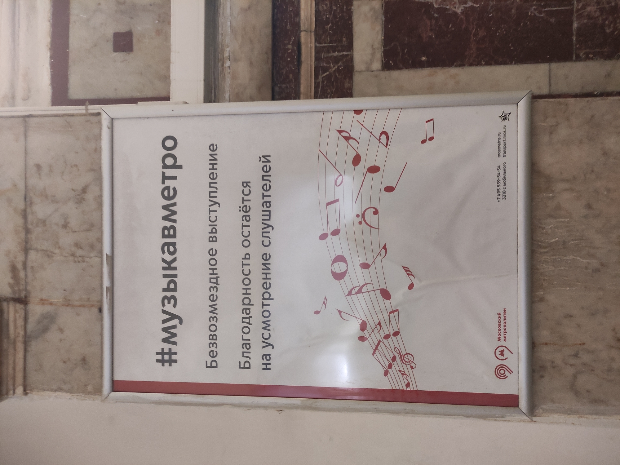 This image shows a poster advertising music performances in the Moscow Metro, located in an unknown city. The poster, framed in silver, features the hashtag "#музыкавметро" (music in the metro) along with the phrases "Безвозмездное выступление" (free performance), "Благодарность остаётся на усмотрение слушателей" (gratitude is left to the discretion of the listeners). The poster also displays musical notes as a visual element, and includes the Moscow Metro logo, phone number, and websites. The poster is mounted on a wall made of marble tiles.