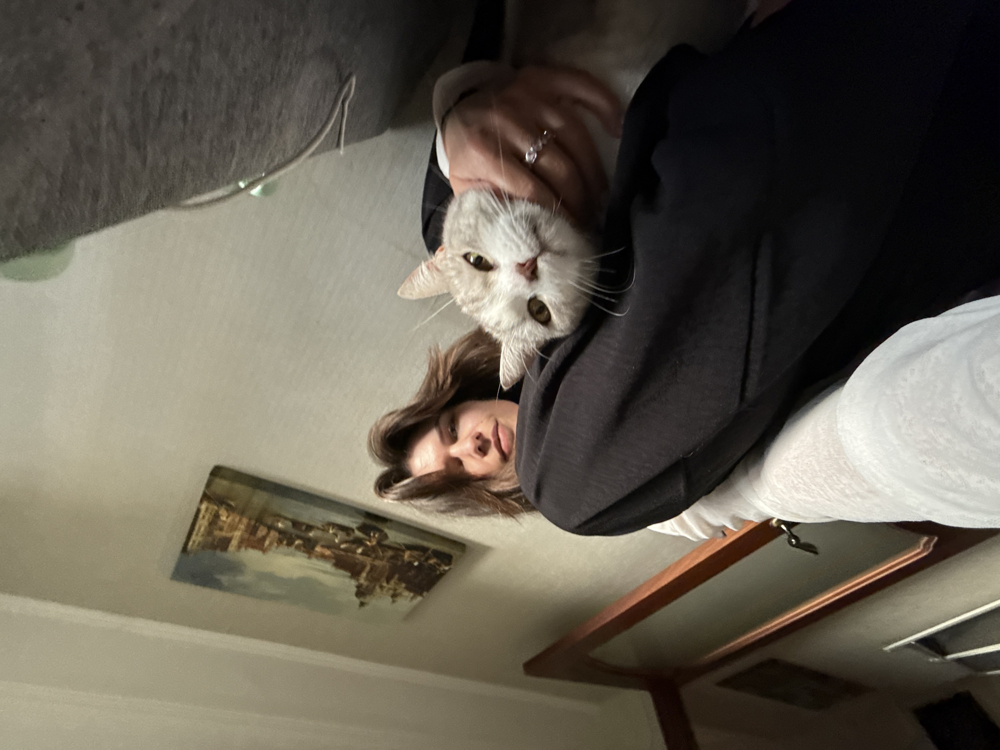 A low-angle, close-up selfie shows a person holding a light-colored cat. The person has brown hair and is wearing a black garment. The cat is light orange and white with yellow eyes. The person's right hand, adorned with a ring, is gently holding the cat's head. The background is out of focus but appears to be an indoor setting with a painting on the wall and a wooden railing. The lighting is dim.