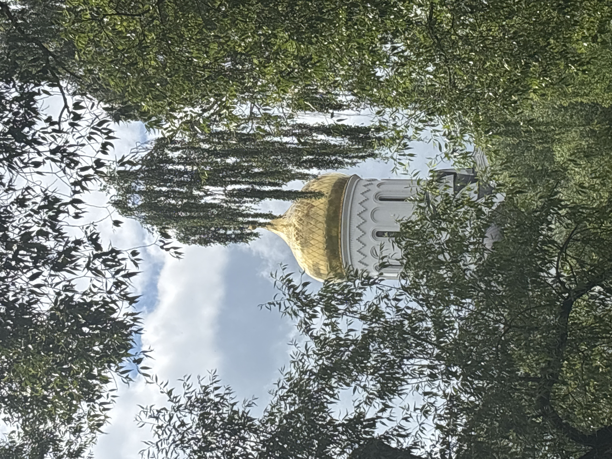 This is a vertical, outdoor, medium shot photograph of a golden dome peeking through dense, green foliage. The dome appears to be part of a white church or cathedral, with architectural details like arched windows and decorative trim visible on its upper section. The dome itself is a vibrant gold, reflecting the sunlight and contrasting sharply with the surrounding greenery and the pale blue sky dotted with white clouds. The foliage, consisting of leaves and branches, frames the central subject, creating a natural border and obscuring much of the building. The leaves are varied in shade and density, some appearing darker and more in shadow, while others are lighter and catch the sunlight. The overall impression is one of a serene, possibly historic, religious site glimpsed through a natural landscape. The time of day appears to be daytime, with bright but diffused light suggesting it's not high noon. The weather seems fair with scattered clouds. The location is identified as Minsk, Belarus, suggesting this is likely a landmark church within the city. No people are visible in the frame, and there is no visible text.