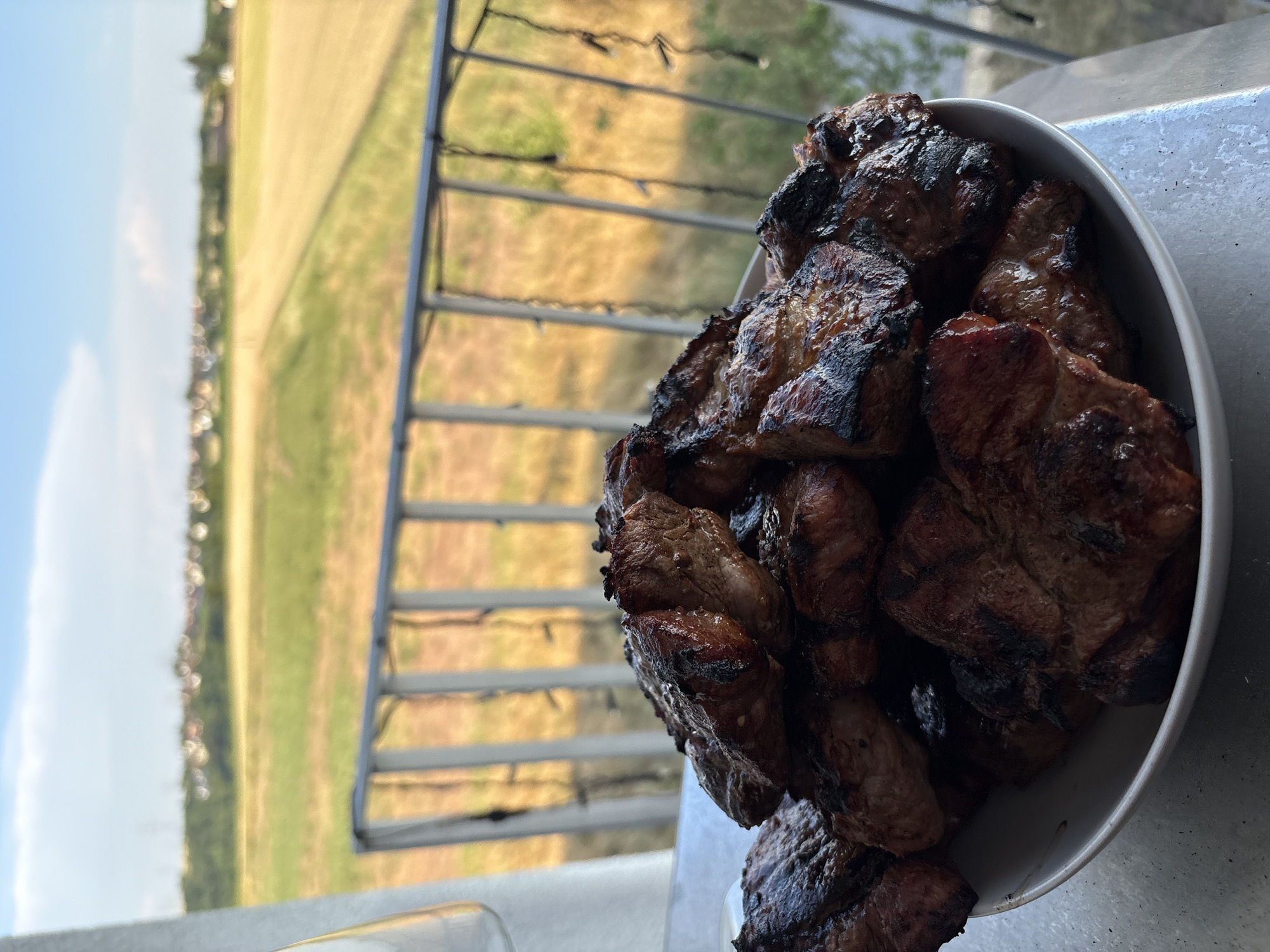 The image depicts a plate of grilled meat, likely pork steaks, positioned on a table outdoors. The steaks are dark brown with grill marks and appear juicy. In the background, a rural landscape is visible, with fields of varying colors, some green and some golden brown, suggesting farmland. A line of houses and trees can be seen on a distant hillside. A white balcony railing with vertical posts is also present in the mid-ground, with what appear to be string lights attached. The sky is blue with a few wispy clouds. The photograph is taken from a slightly elevated perspective, looking down at the plate of food. The lighting suggests it is daytime, likely late afternoon or early evening, given the warm tones of the landscape. The overall scene evokes a sense of outdoor dining or a barbecue. The context provided indicates this scene is in the vicinity of Bönnigheim, Germany, aligning with the rural German landscape depicted. There are no people visible in the image.