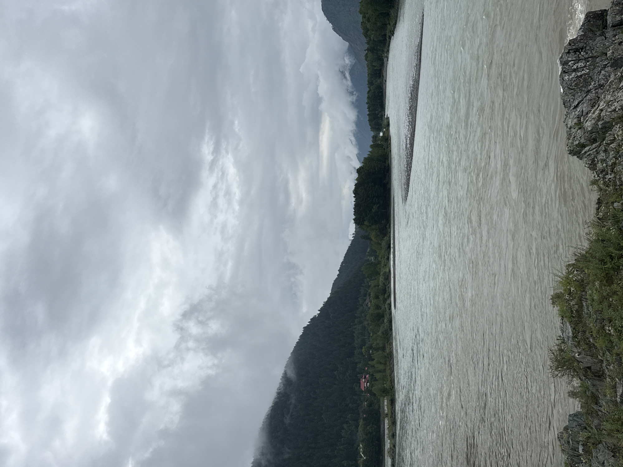 The image depicts a wide, murky river flowing through a valley under a cloudy sky. The riverbanks are lined with dense green trees and, in the distance, a mountain covered in a dark forest. On the left side of the frame, a red-roofed house is visible nestled amongst the trees at the base of the mountain. In the foreground, rough rocks and sparse vegetation can be seen on the river's edge. The scene is consistent with the landscape found in Elekmonar, Russia, characterized by its rivers and forested mountains. There are no people or animals visible in the image.