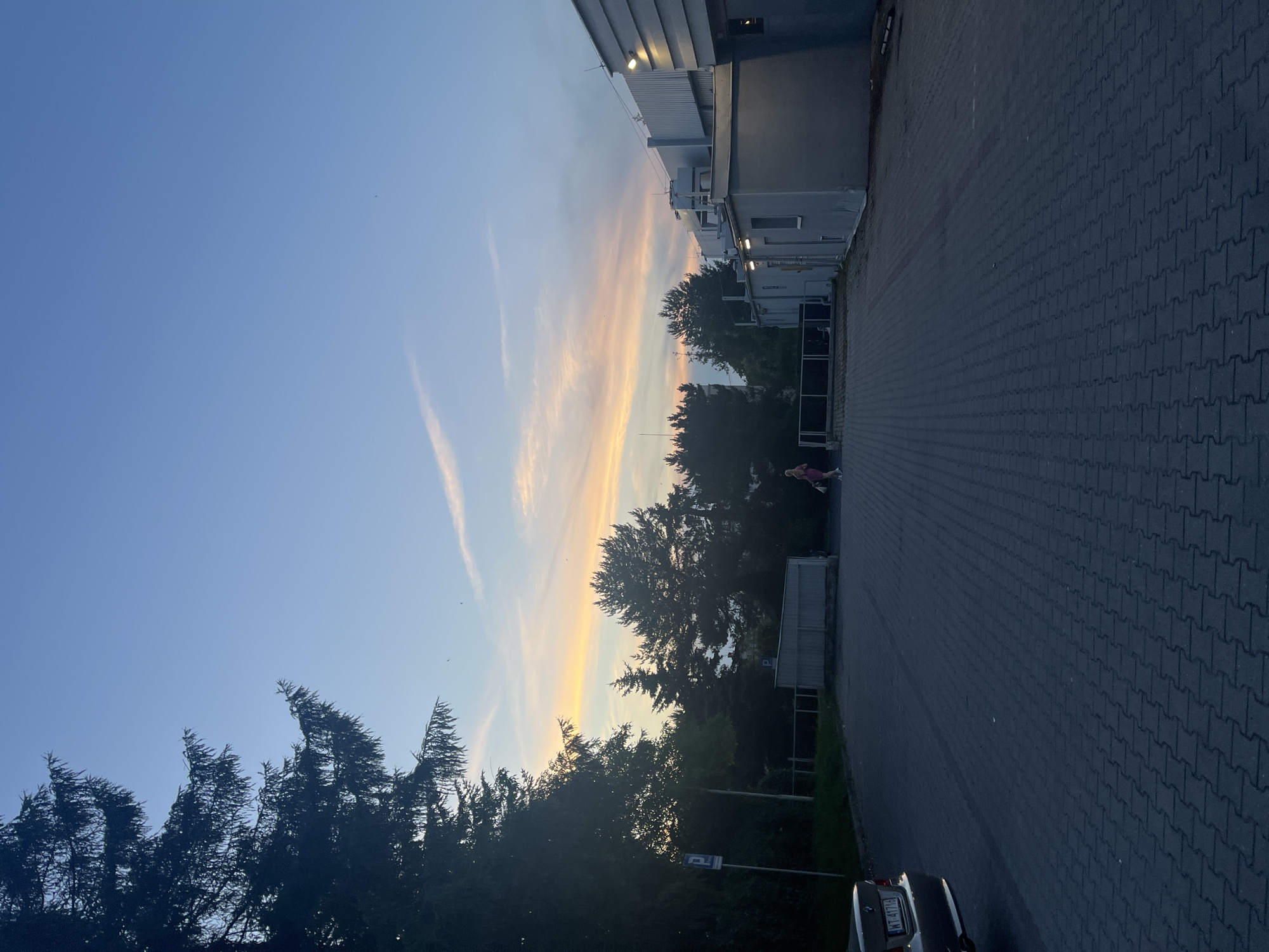The image captures an outdoor scene at dusk with a clear sky exhibiting subtle hues of orange and pink from the setting sun, juxtaposed against a deep blue. A large coniferous tree dominates the left side of the frame, its dark silhouette contrasting with the lighter sky. In the middle ground, a person in a pink outfit is walking away from the camera across a paved parking lot. To the right, several utilitarian buildings with grey facades and white trim are visible, some featuring outdoor lighting. A silver car with a license plate that reads "WT 41716" is parked on the far left of the lot. The ground is paved with interlocking grey bricks. A sign with a "P" indicates a parking area. The overall impression is one of a quiet urban or suburban environment at the end of the day.