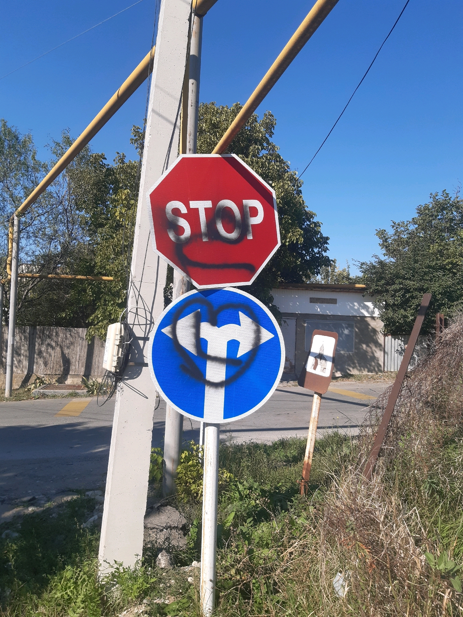 The image depicts a concrete utility pole in Garikula, Georgia, holding two traffic signs. The top sign is a red, octagonal stop sign, partially obscured by black spray paint graffiti. Below it is a round, blue sign with white arrows indicating a left turn and a straight path, also defaced with black spray paint graffiti forming a heart shape. Several electrical wires are attached to the utility pole, along with a beige electrical box. The background features a street, a wooden fence, trees, a small building with a corrugated metal roof, and dry, overgrown vegetation. A smaller, brown and white sign is also visible near the overgrown brush. The sky is clear and blue.