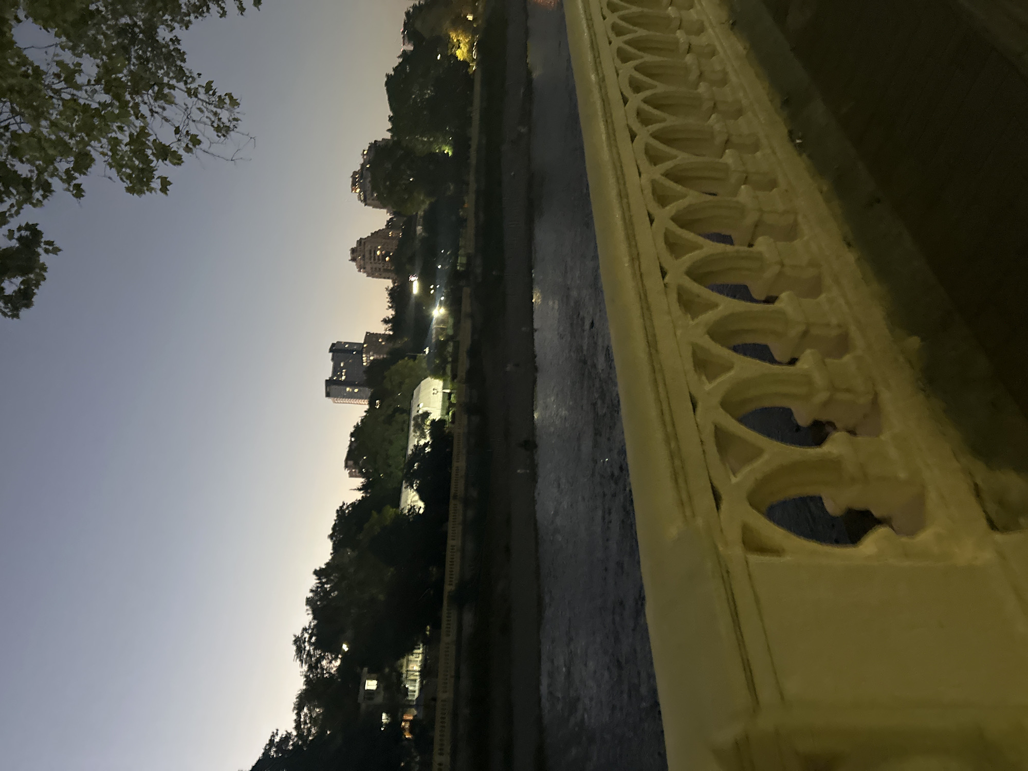 An evening cityscape view of the city of Sochi, Russia, is captured in this image. In the foreground, a yellow decorative railing with arched openings runs along the bottom of the frame, suggesting a bridge or promenade. Beyond the railing, a dark river flows, reflecting the faint lights from the city. Across the river, a treeline obscures the lower portions of buildings. Several multi-story buildings, some with illuminated windows, are visible on a gently sloping hillside in the background, indicative of urban development. A large, white, tent-like structure is also present amongst the trees. The sky above is a clear, pale gradient of twilight hues, transitioning from a lighter tone near the horizon to a darker, dusky blue at the top. A few leaves from an overhanging tree branch are visible in the upper right corner of the frame.