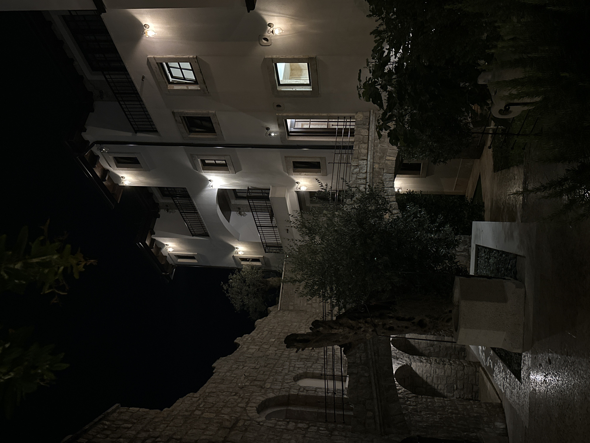 In the city of Bartula, Montenegro, at night, a multi-story white building with arched windows and balconies is illuminated by exterior lights. Adjacent to it is a stone wall with arched openings. A stone bridge connects the wall to the building. In the foreground, a polygonal stone structure sits next to a dark green bush. The ground is wet, reflecting the light, suggesting recent rain. The sky is dark and clear, with leaves from an overhead tree visible in the upper portion of the image.