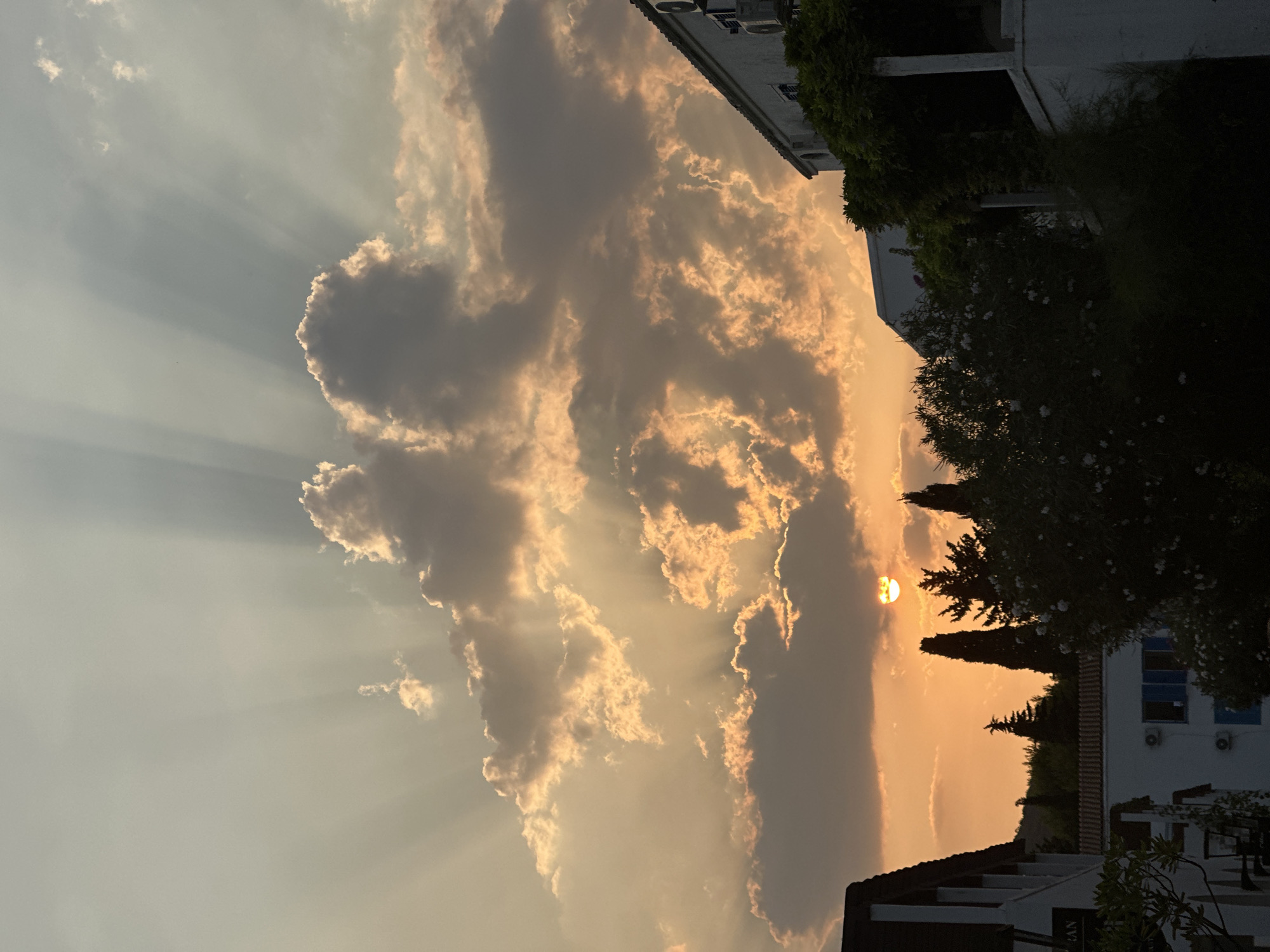The image captures a dramatic sunset over Budva, Montenegro. The sun, a bright orange orb, is partially obscured by silhouetted cypress trees and lush greenery in the foreground. Rays of light emanate from behind a large, textured cloud formation, illuminating the sky with a warm, golden hue. In the background, buildings with white facades and dark-tiled roofs are visible, some featuring air conditioning units mounted on the walls. The scene is one of serene beauty, with the natural elements of the sky and trees contrasting with the man-made structures of the city.