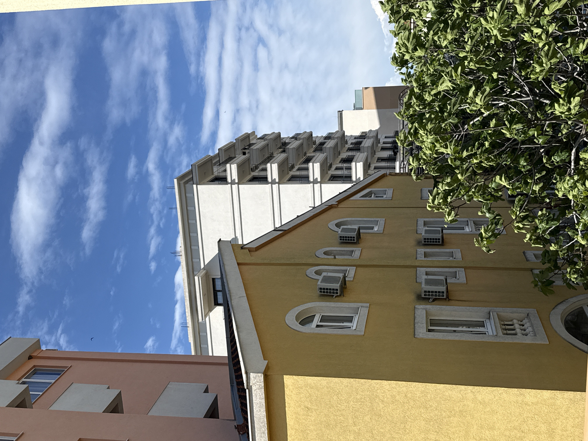 The image captures an upward view of an urban landscape under a bright blue sky with scattered white clouds, suggesting a sunny daytime. In the mid-ground and right, a prominent yellow building stands, featuring several unique arched windows, some circular and others rectangular with rounded tops. Multiple white air conditioning units are mounted on its facade, below the windows.
Behind the yellow building, a taller, modern white building rises, characterized by its repeating pattern of rectangular balconies or recessed structures along its facade. To the far left, a peach-colored building with flat roofs and simple balcony structures is visible, partially framed against the blue sky. A large, dense green tree with numerous leaves and branches occupies the upper right portion of the image, partially obscuring the white building and the sky. No discernible text is visible. The architecture and clear weather are consistent with the location context of Bar, Montenegro.