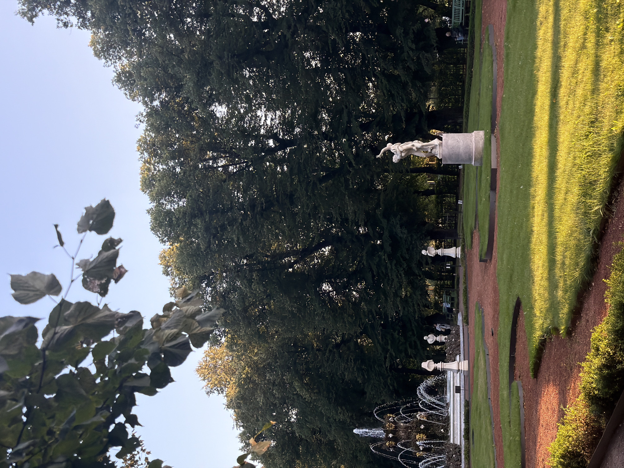 This is a photograph of a park in Saint Petersburg, Russia. The image shows a fountain on the left, with a sculpture of two figures in embrace on the right. Several other statues and busts are also visible in the park. The park is well-maintained, with manicured lawns and flower beds. Tall trees line the perimeter of the park, and a clear blue sky can be seen above. The lighting suggests it is late afternoon or early evening, with the sun casting long shadows across the grass. In the background, a few people can be seen sitting on benches and walking through the park. The fountain appears to be a central feature of the park, with water jets and ornate detailing. The sculptures are classical in style, and the overall atmosphere of the park is serene and peaceful.