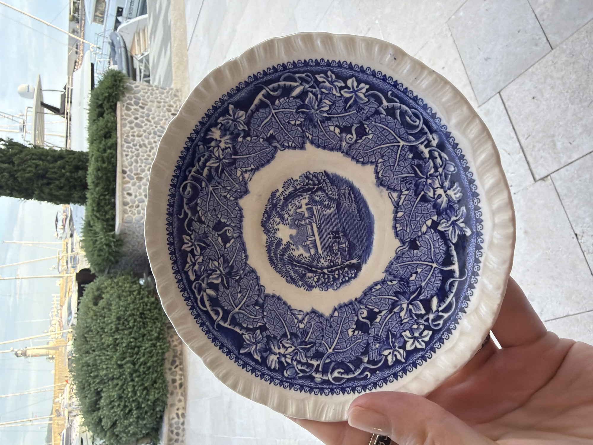 The image features a decorative plate in a hand, set against an outdoor background. The plate has a white base with intricate blue patterns, including a central design that appears to be architectural, surrounded by a leaf and vine motif. The edge of the plate is fluted. The hand holding the plate is light-skinned, and a ring is visible on one of the fingers.
In the background, there's a partial view of what seems to be a waterfront area. There are boats with masts and a stone wall covered with greenery. The scene appears to be outdoors, with natural light suggesting daytime. The image is taken at Radovići, Montenegro.