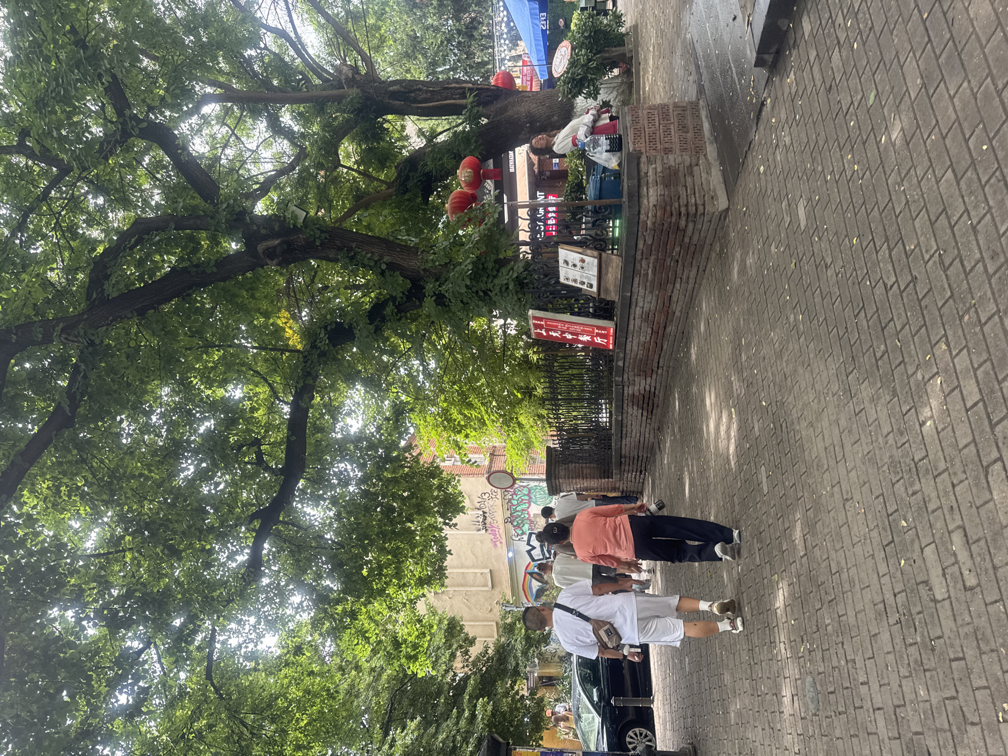 In Tbilisi, Georgia, along a brick-paved walkway shaded by large trees, several people walk towards a building with graffiti on its facade. In the foreground, two individuals are seen from behind: one man in a white t-shirt and white shorts with a crossbody bag, and a woman in an orange long-sleeved shirt and dark pants. Further ahead, more people are visible walking. To the right, a brick planter box supports a low wall topped with a black metal fence. Behind the fence, a woman in a white shirt and red skirt is seated, leaning back against a tree, with several plastic bags and bottles around her. Red lanterns hang from the trees, and a sign with red Chinese characters is displayed near the planter. A black car is parked to the left of the walkway. The environment suggests a city street scene with a pedestrian area adjacent to a building and green space.